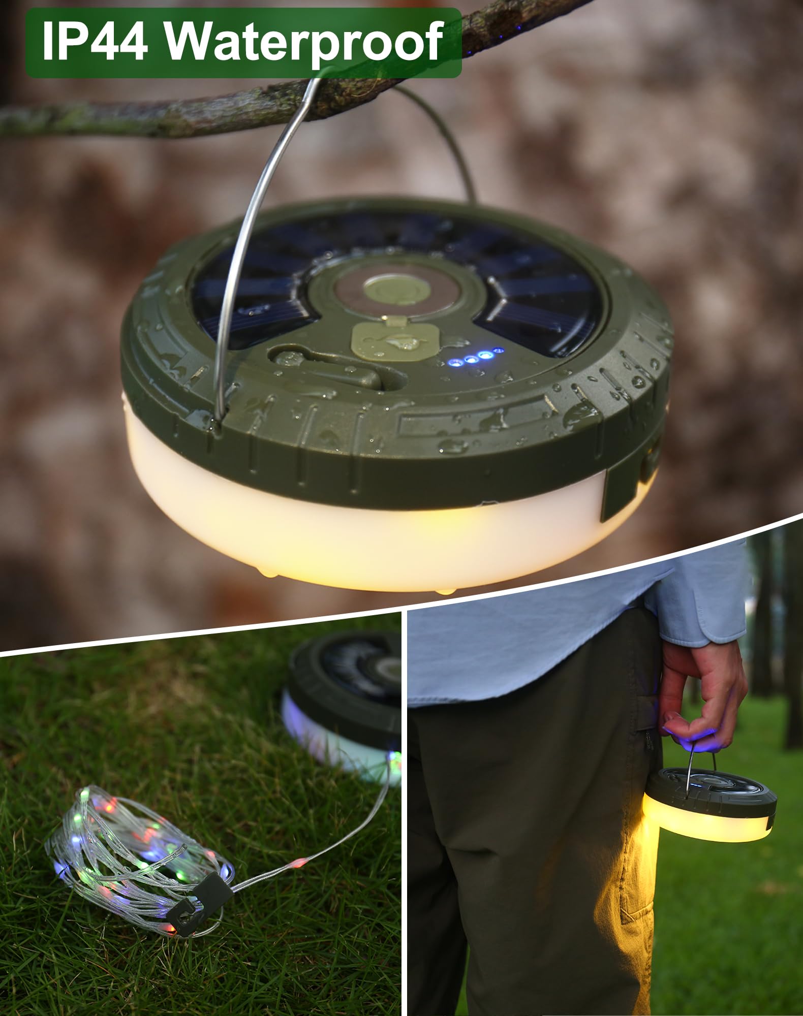 Toiysyy Solar String Lights, 32.8FT Waterproof Fairy Lights, 5 Modes, USB Rechargeable, Portable Green Tent Lights, Model MH-0518