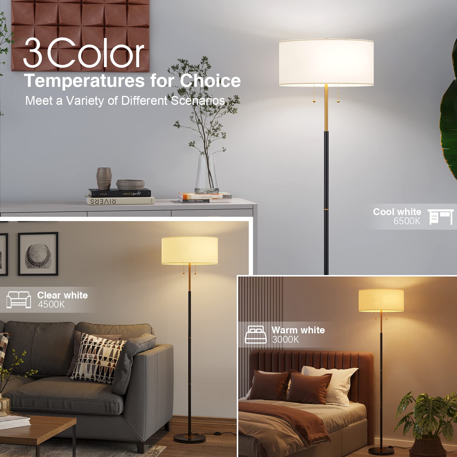 Karjoefar Mid Century Floor Lamp, 61in Black/Gold, Metal, White Fabric Shade, 3 Color Temperatures, Includes 9W Bulb