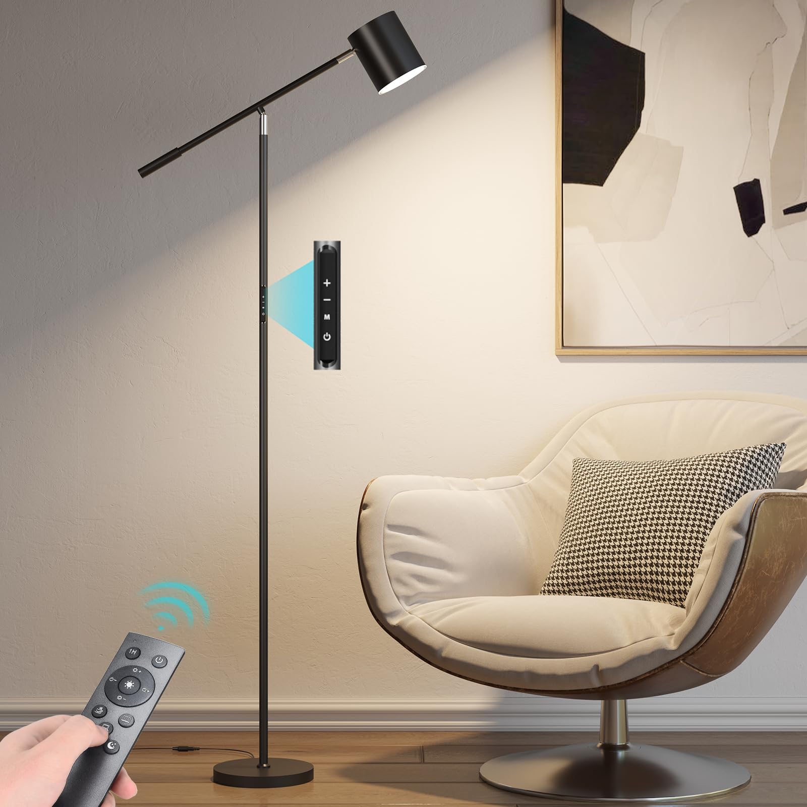 Floor Lamps for Living Room, Modern Stepless Dimmable Standing Lamp with Remote & Touch Control, Adjustable Swing Arms 73'' Tall
