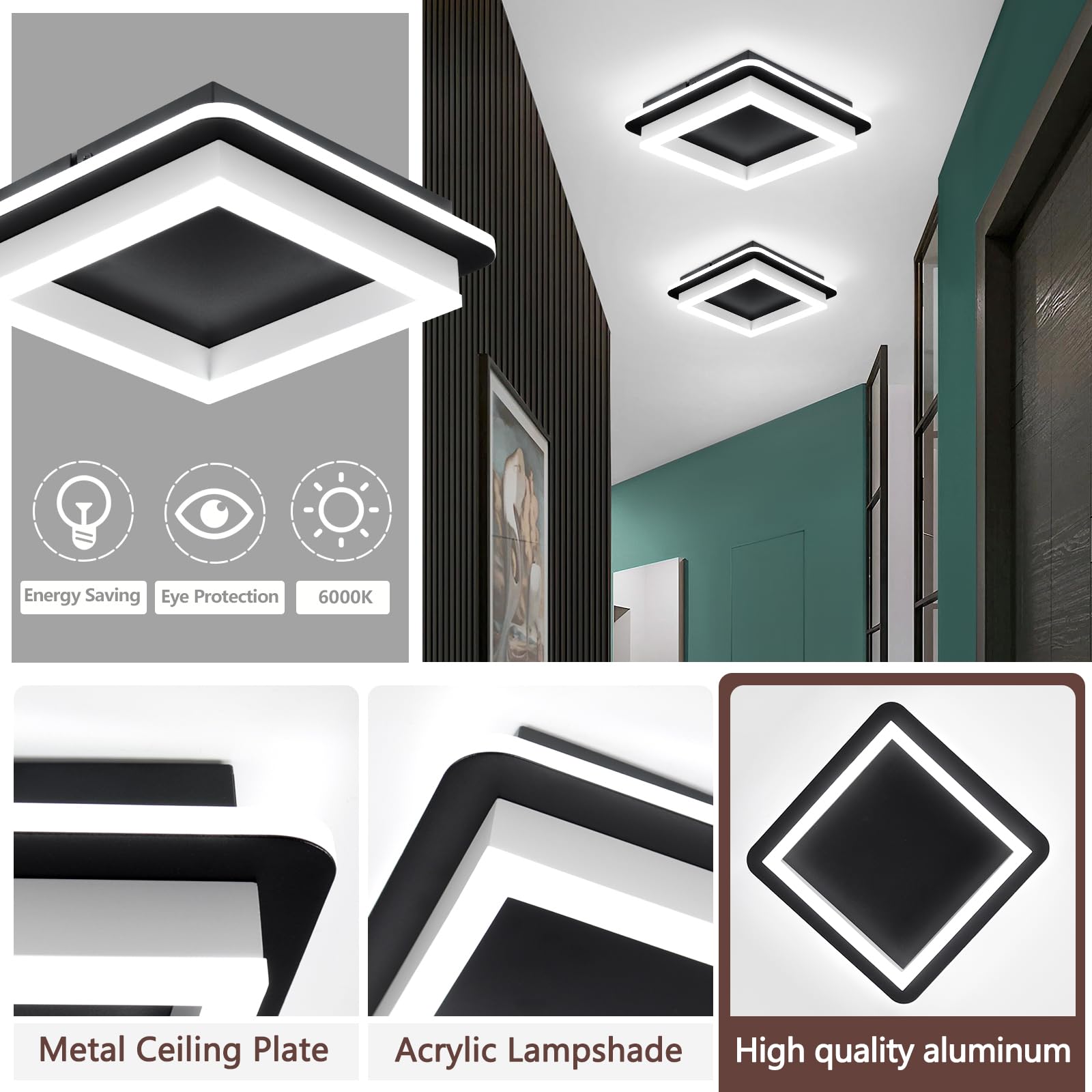 Caneoe 3 Packs Square Flush Mount Ceiling Light  6000K Black Modern Led Ceiling Light Fixture  Minimalist Hallway Lighting Fixture Ceiling Lamp For Hallway Entryway Bedroom Balcony (Black&White)