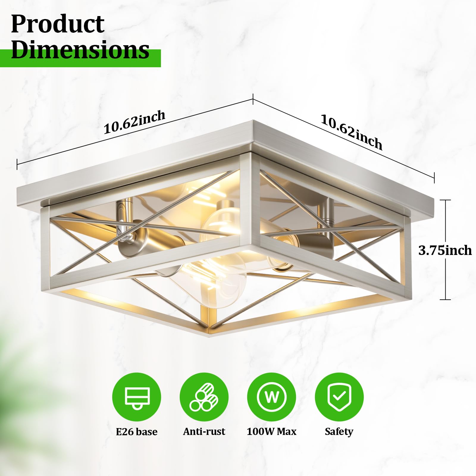 Kondras Brushed Nickel 2-Light Flush Mount Ceiling Lights, Metal, 2-Pack, Square Design for Bedroom, Living Room, Entryway
