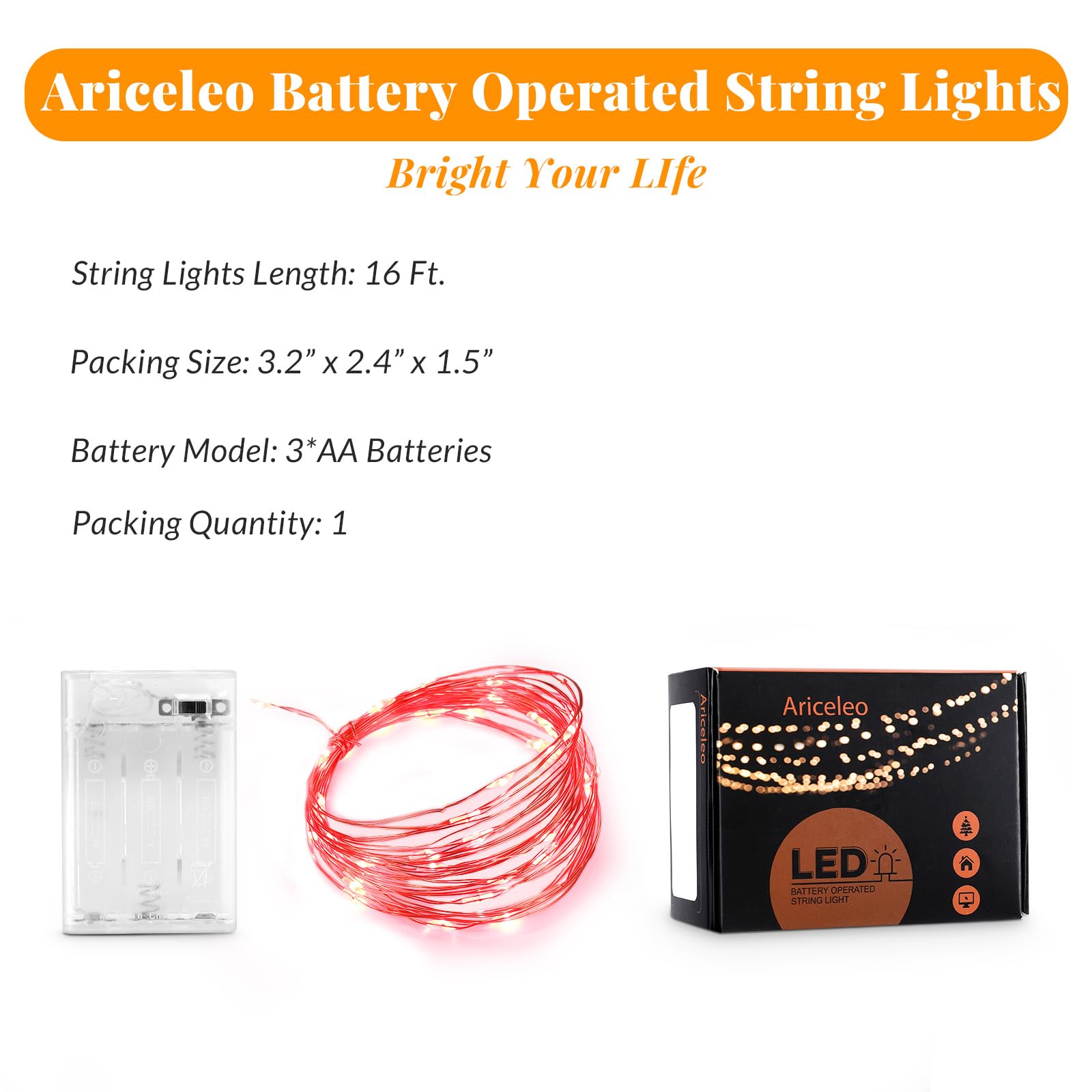 Ariceleo Led Fairy Lights Battery Operated, 1 Pack Mini Battery Powered Copper Wire Starry Fairy Lights for Bedroom, Christmas,