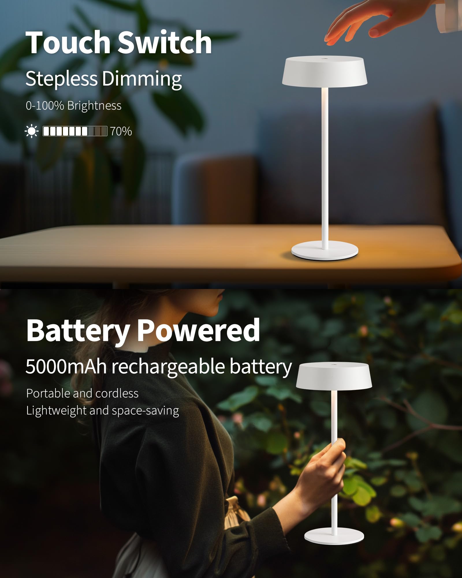 VISDANFO Modern Cordless Table Lamp Set of 2, Portable LED Desk Lamps, Rechargeable 5000mAh Battery Operated, Dimming Night Ligh