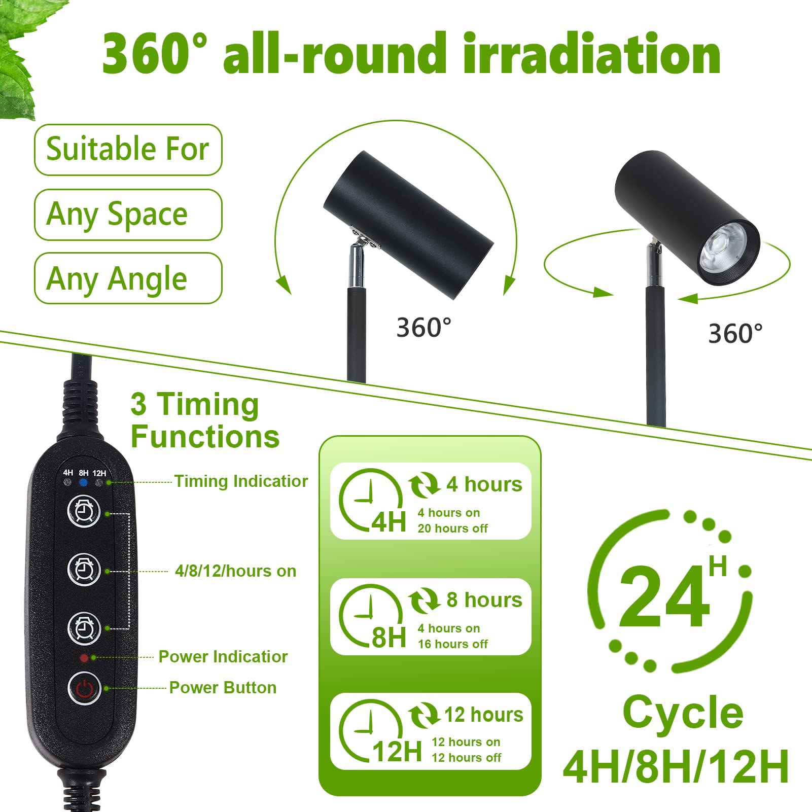 HMVPL Indoor Plant Grow Light Stand, 20W COB Bulb, Black, 4/8/12H Timer, Adjustable Height for Large Seedlings, Model 221106A1