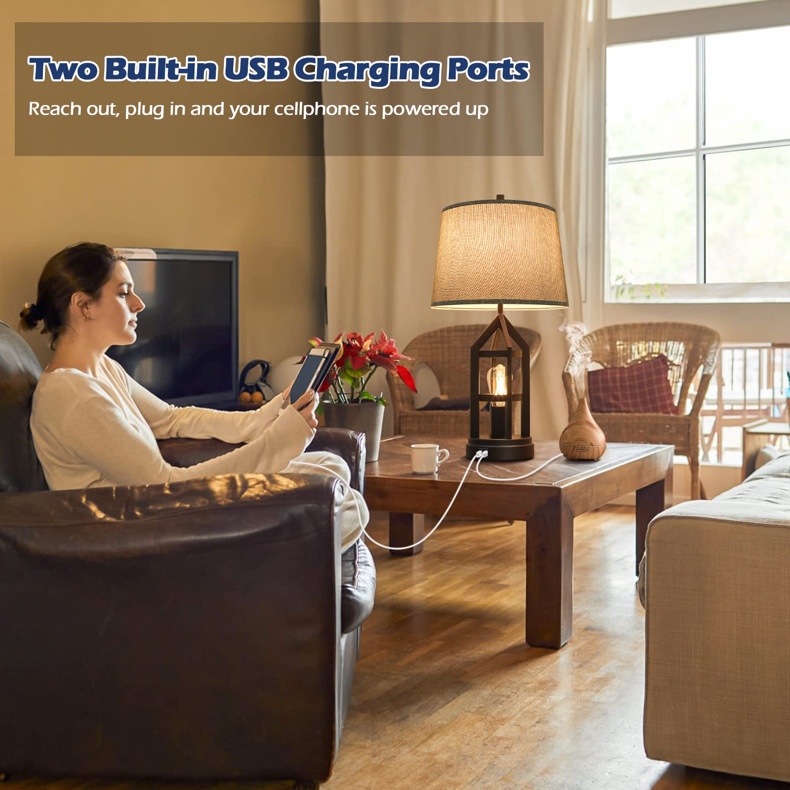 Beslowe 2-Light Gray Farmhouse Table Lamps, Dimmable With Usb Ports, Set Of 2 & 4 Led Bul