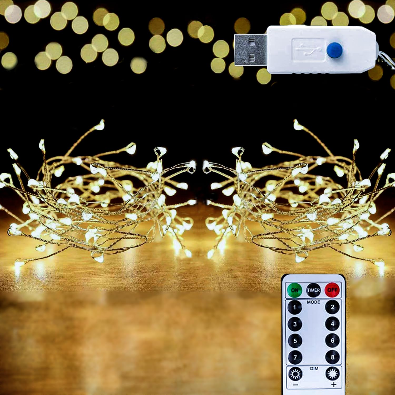 HANNAHONG 100 LED Fairy String Lights, Warm White, USB Plug, Waterproof, 2 Pack, Silver Wire, Model FIRE ER