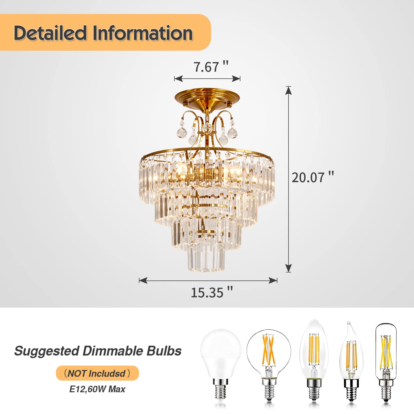 CVKASH 5-Light Crystal Gold Chandelier, Modern Semi Flush Mount Ceiling Light, 15.3 Inch, E12, Model W-1102