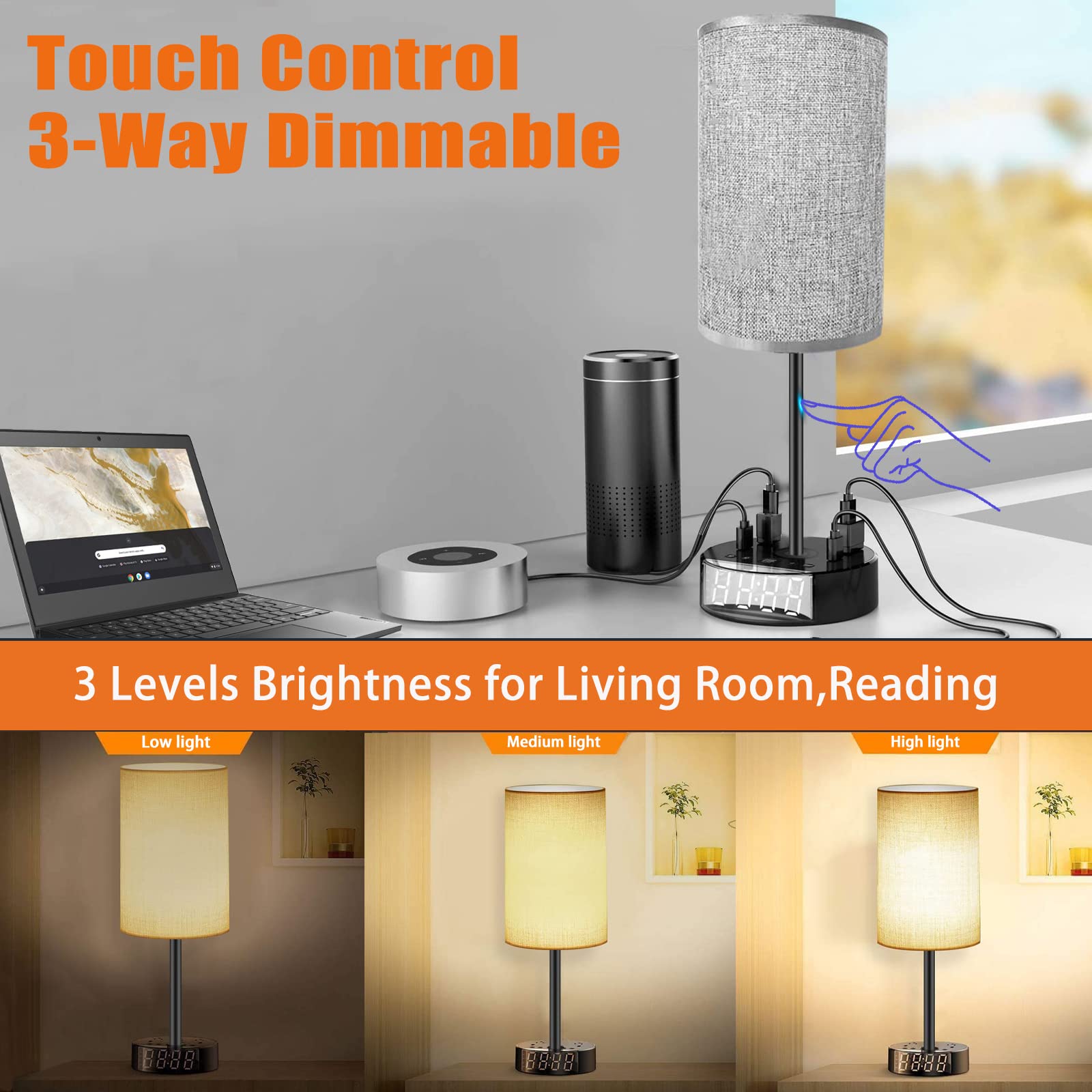 Table Lamp - Bedside Lamp With Usb Ports And Outlets, Bedroom Lamp With Alarm Clock Base, 3-Way Dimmable Modern Nightstand Lamps With Round Fabric Lampshade,Touch Lamp For Bedroom Living Room Home