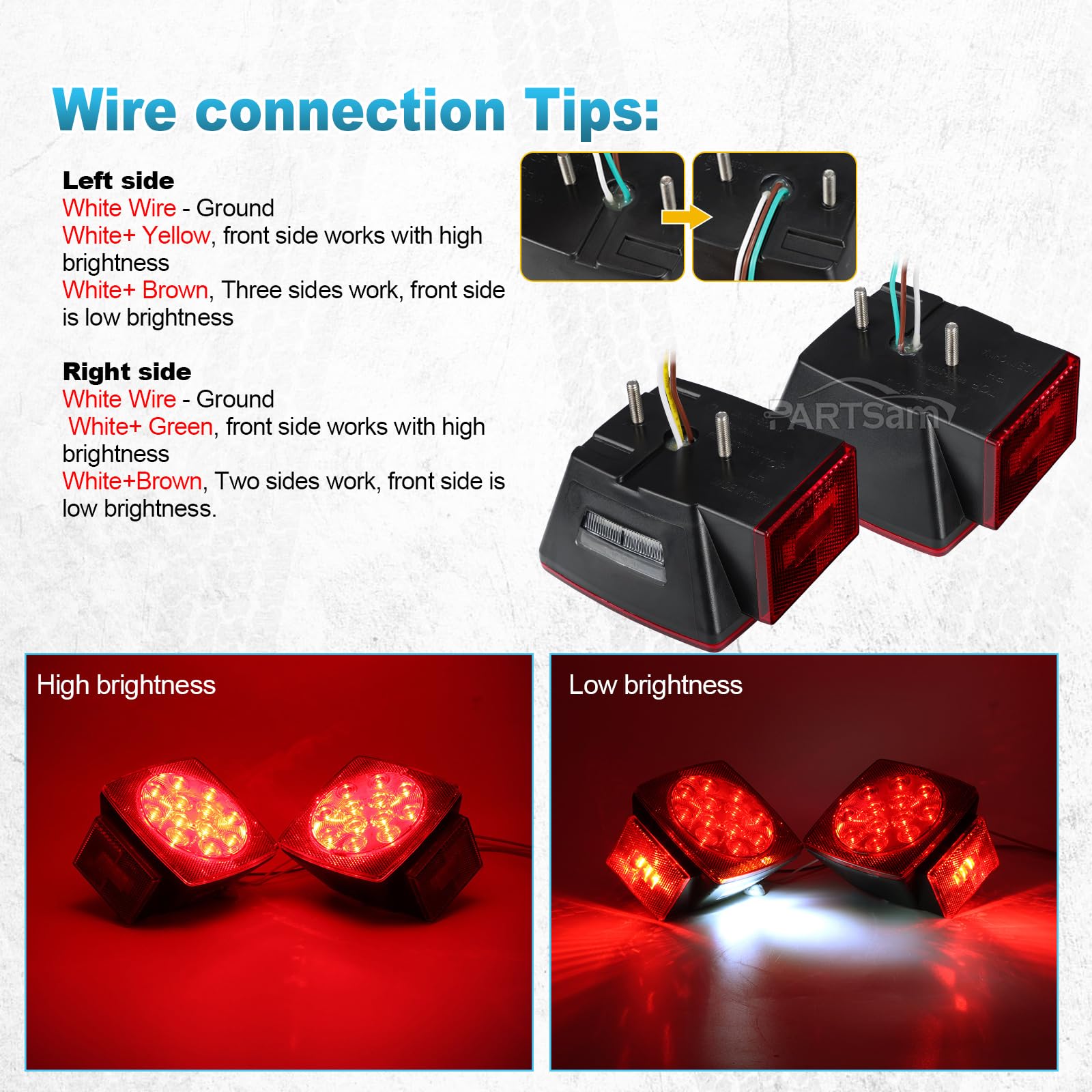 Partsam Submersible LED Trailer Light Kit, Square Stop Turn Tail Lights, Red/Amber, Standard Size, Model 13, Includes Wire & Bracket