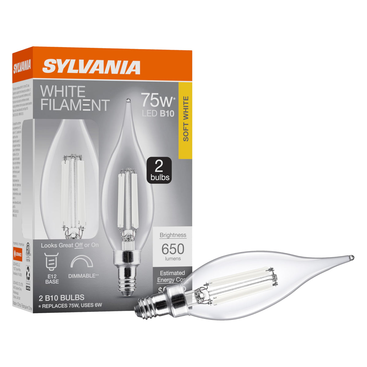 Sylvania B10 Clear Led White Filament Bulb, 6W, Dimmable, 650 Lms, Candelabra Base, 2700K, Soft White - 2 Pack (42260)