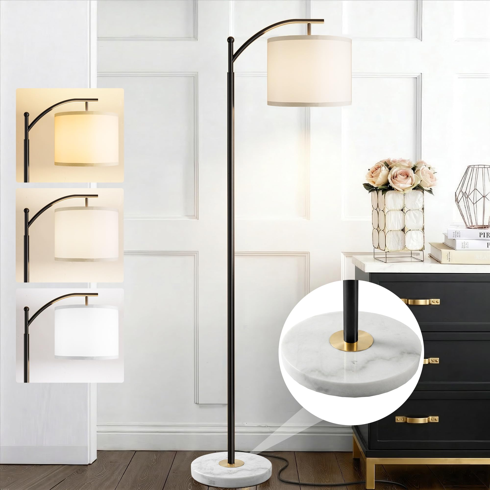 Floor Lamp for Living Room with Marble Base  Modern Standing Lamp with 3 Color Temperatures Bulb & Adjustable Linen Shade  Tall Lamp for Bedroom Office Reading Nursery