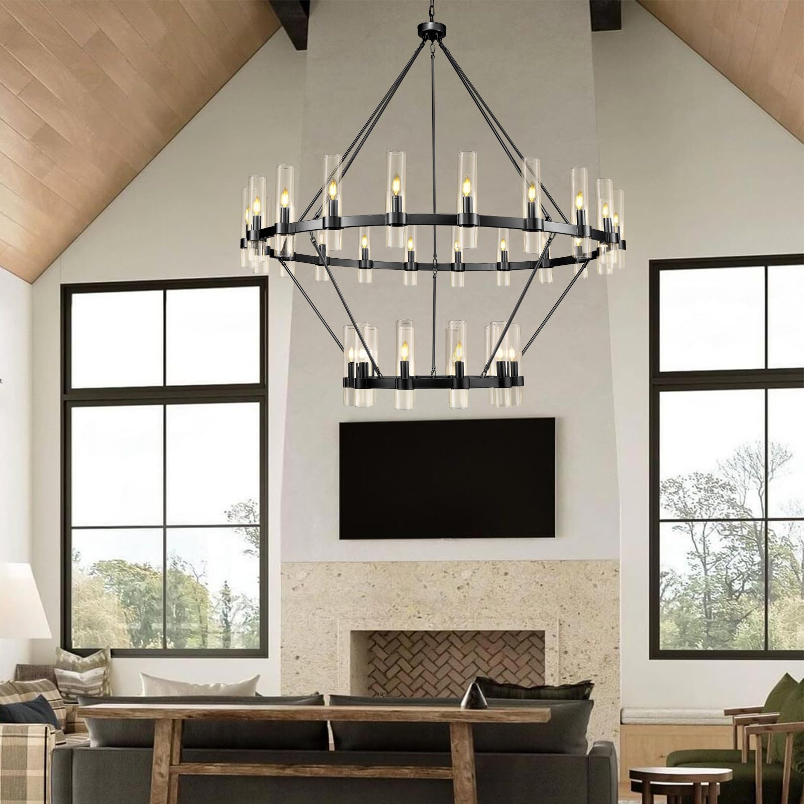 Varttyal 60 Inch Black Wagon Wheel Chandelier, 2 Tier Industrial Chandelier With Glass Shade, 30-Light Large Round Chandelier, F