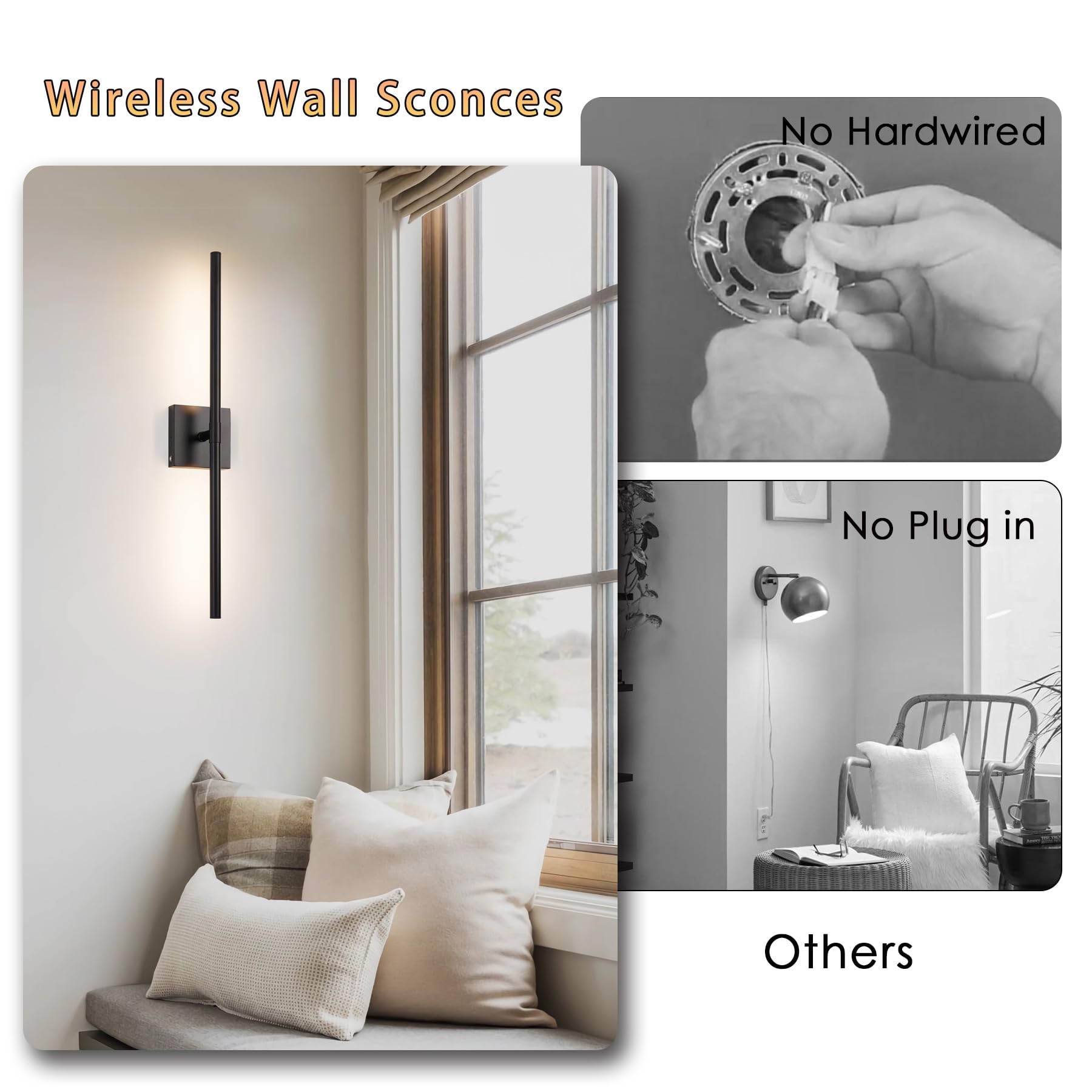 GWONER Battery Operated LED Wall Sconces, 25" Black, Wireless Dimmable with Remote, 360° Rotate, Model GW211B-2