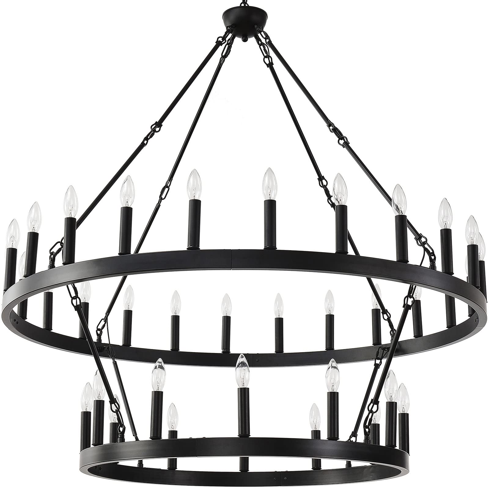 Jklx 48 Inch Large Black Wagon Wheel Chandelier,2 Tier 36-Lights Farmhouse Industrial Country Style Round Pendant Light Fixture 