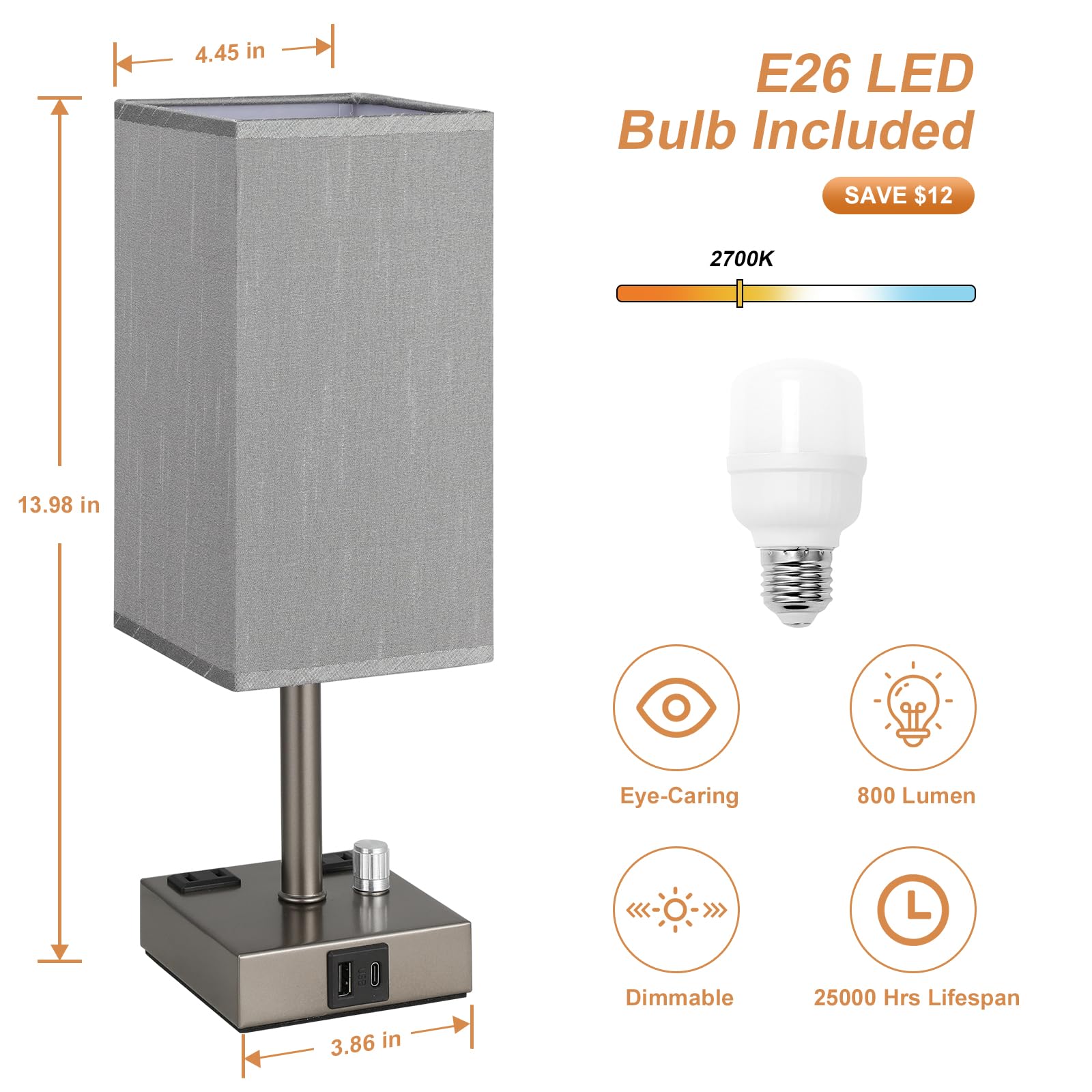 Grey Fully Dimmable Nightstand Lamps Set Of 2 - Table Bedside Lamp With Usb C+A Charging Ports & 2 Ac Outlets, Square Lamp Sets