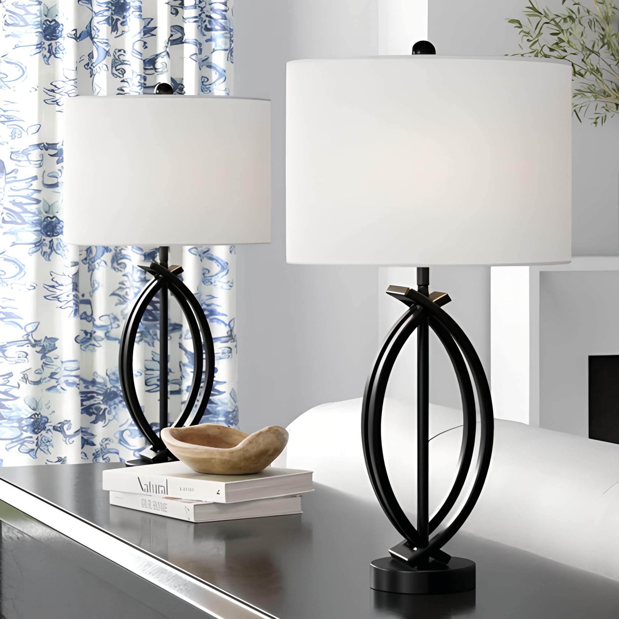 Hightry 26'' Industrial Table Lamps Set Of 2, 3-Way Dimmable Farmhouse Nightstand Lamps Black Metal Bedside Lamps With White Sha