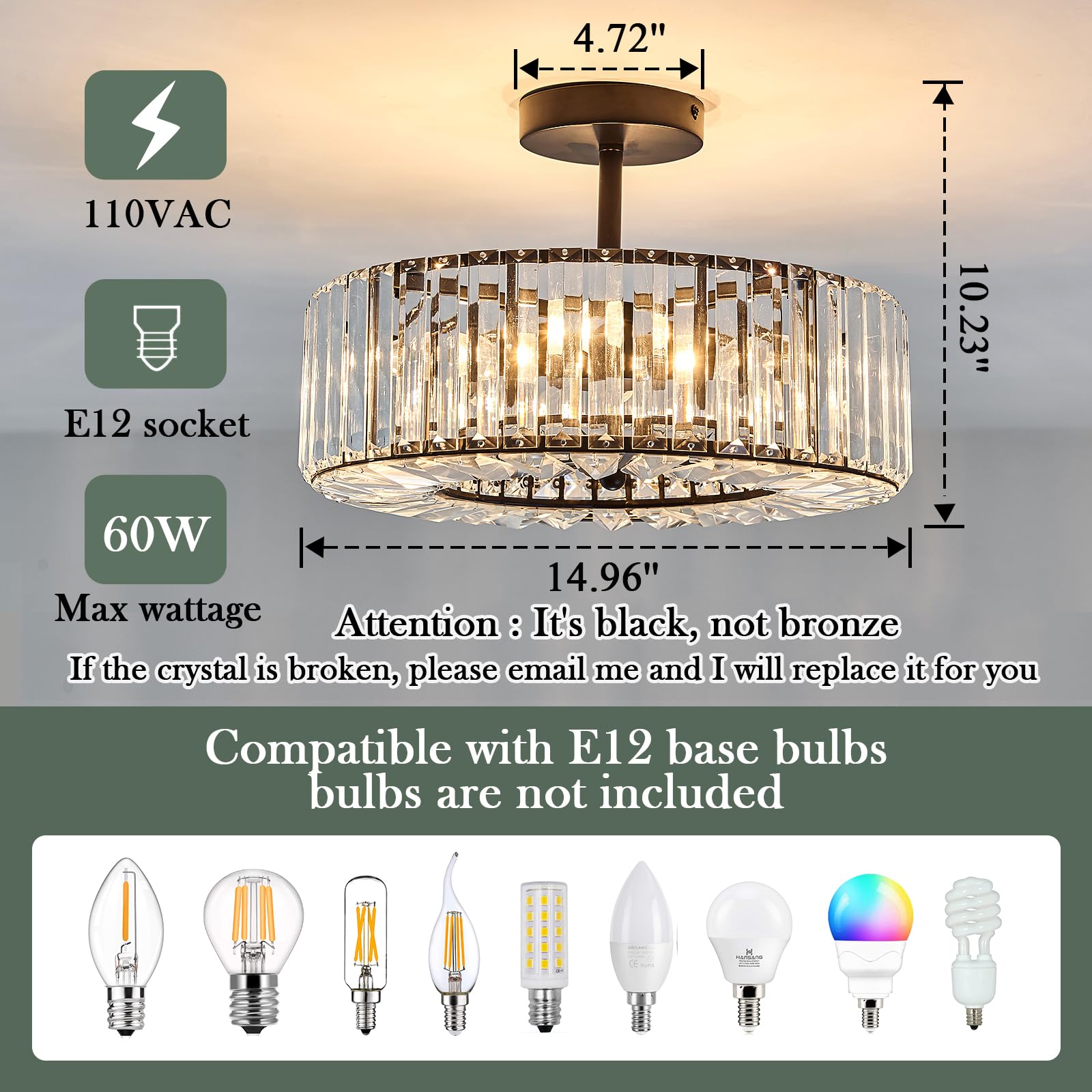 Piepooye Modern Crystal Chandelier, Black Round Semi Flush Mount, R-2041, Ideal for Dining Room, Living Room, Kitchen, Hallway