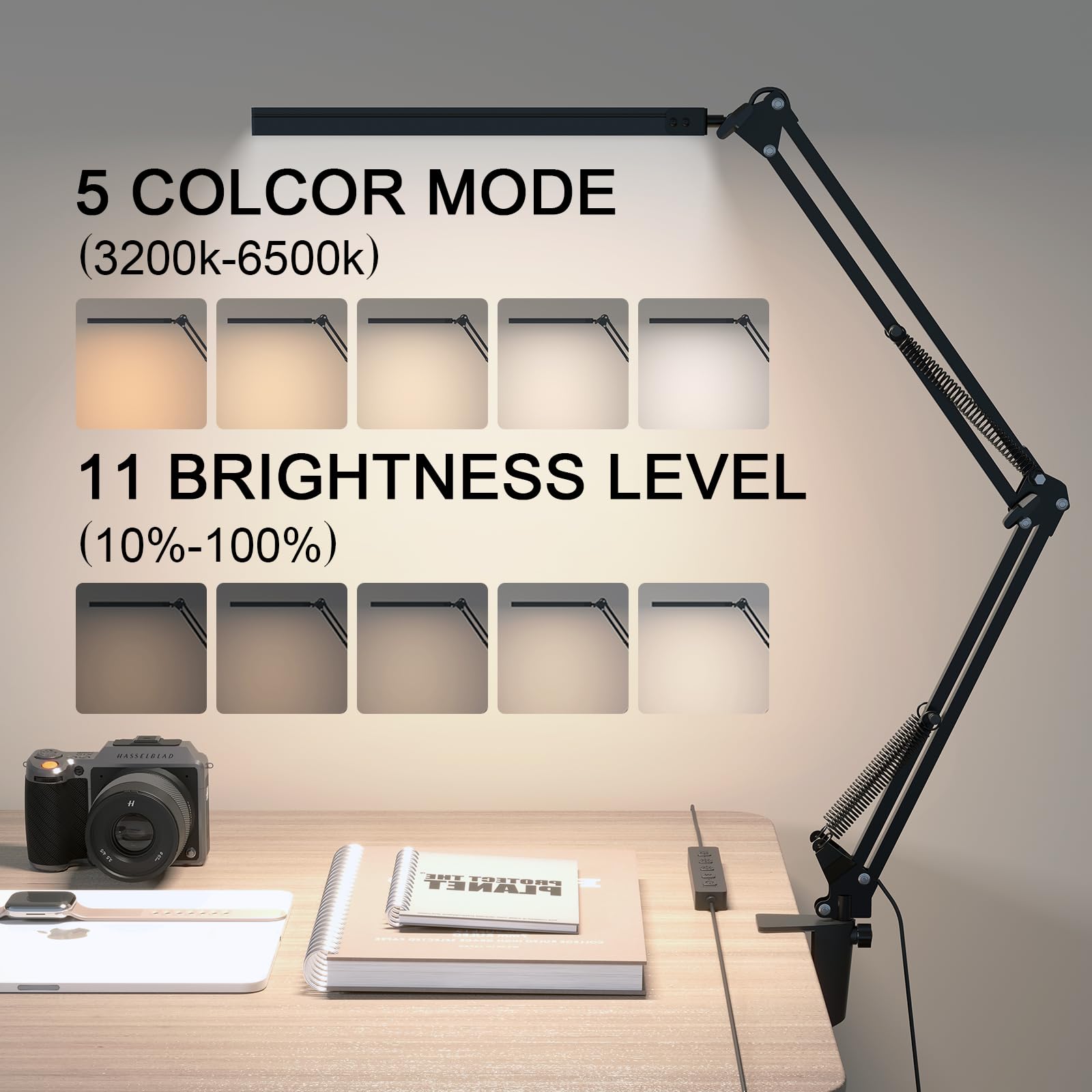 TROPICALTREE LED Desk Lamp, Swing Arm Light with 3 Modes, 10 Brightness Levels, USB Adapter, Black-Aluminum Clip