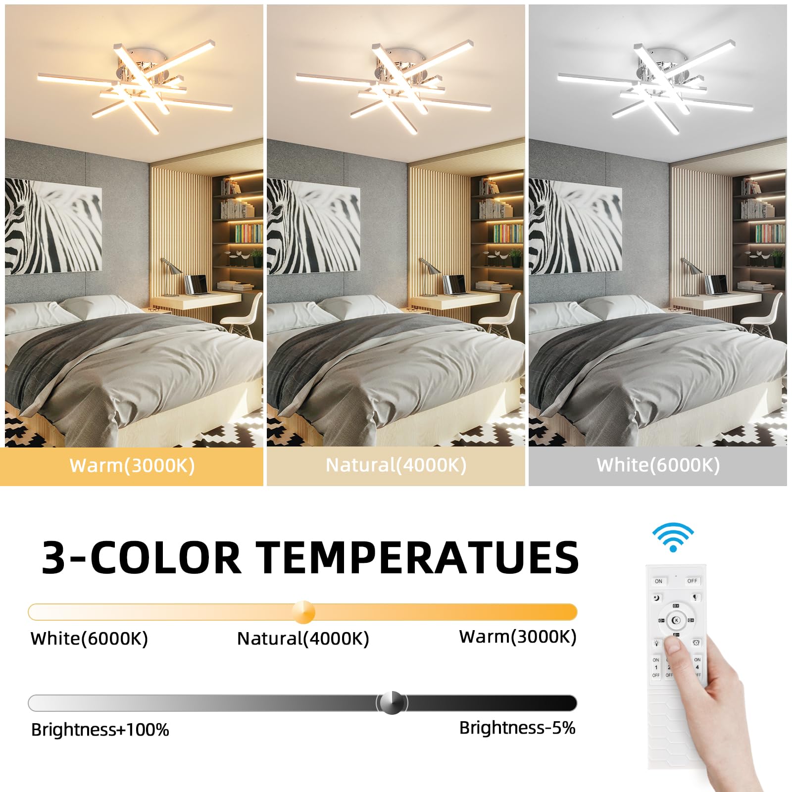 Caneoe Modern Led Ceiling Light,50W Sputnik Led Dimmable Ceiling Light Fixture With Remote Control, Chrome Flush Mount Chandelie