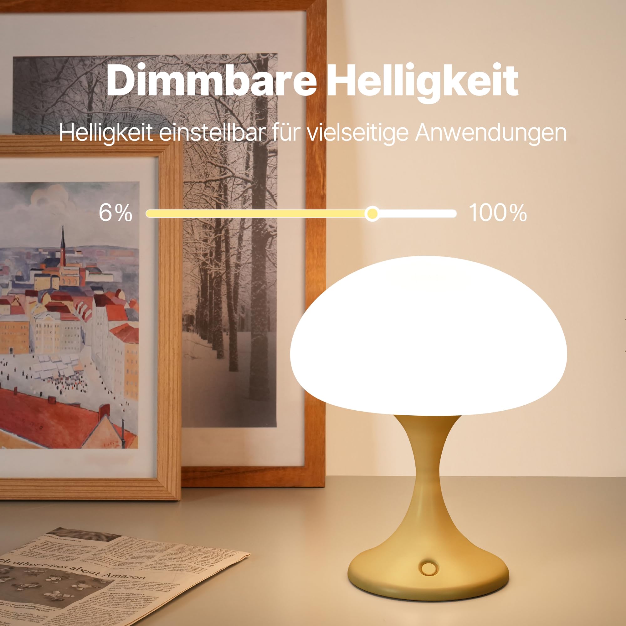 MAGCHARM Mushroom Lamp, 5W LED Cordless Table Lamp, Dimmable Touch Light, Glass Shade, Small Size, Mustard Color, Model TL011YLUSMC