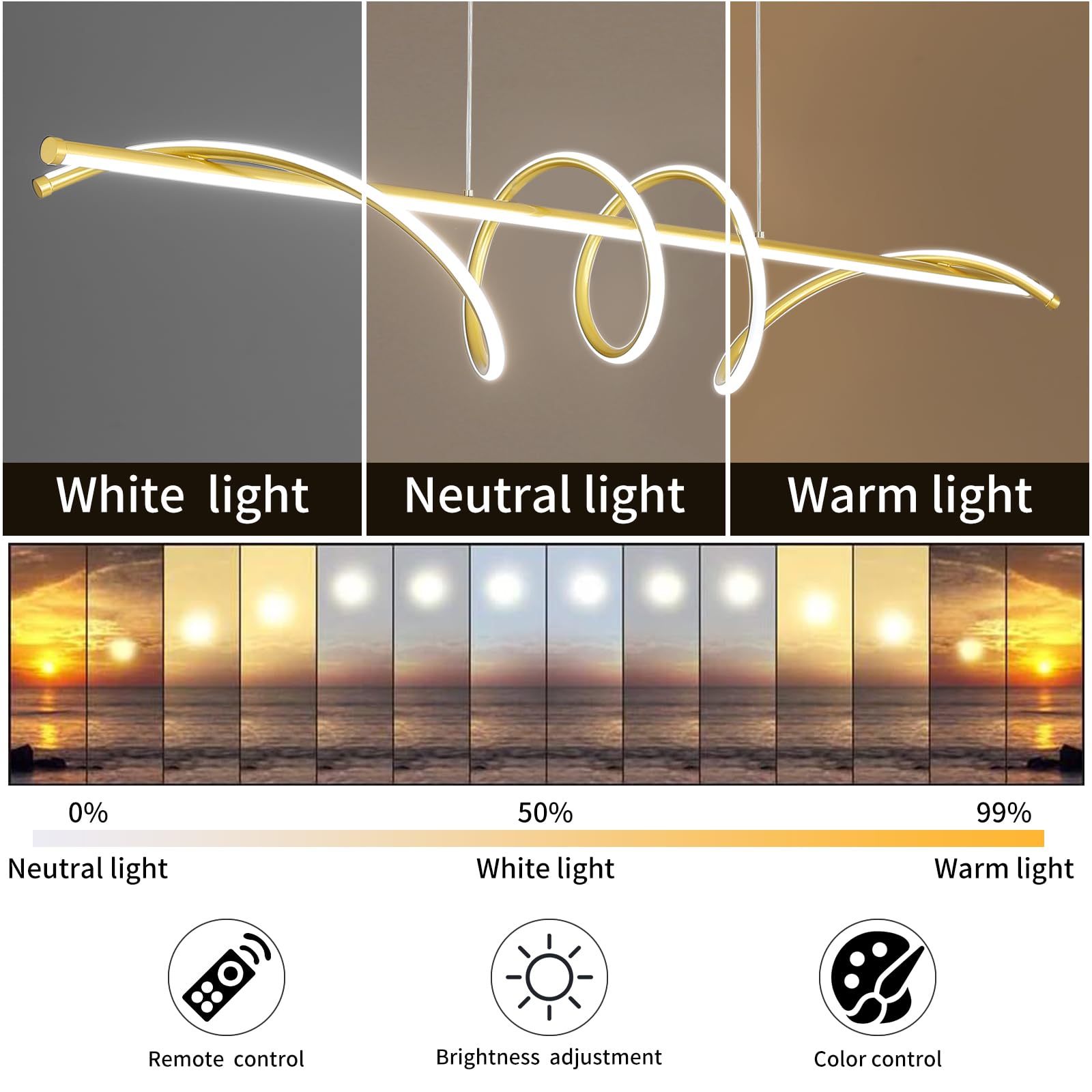 Matven Modern Design Dimmable Desk Linear Pendant Light, Aluminum, 47IN, Gold, Remote Control, 3 Color Modes, Anti-Flicker