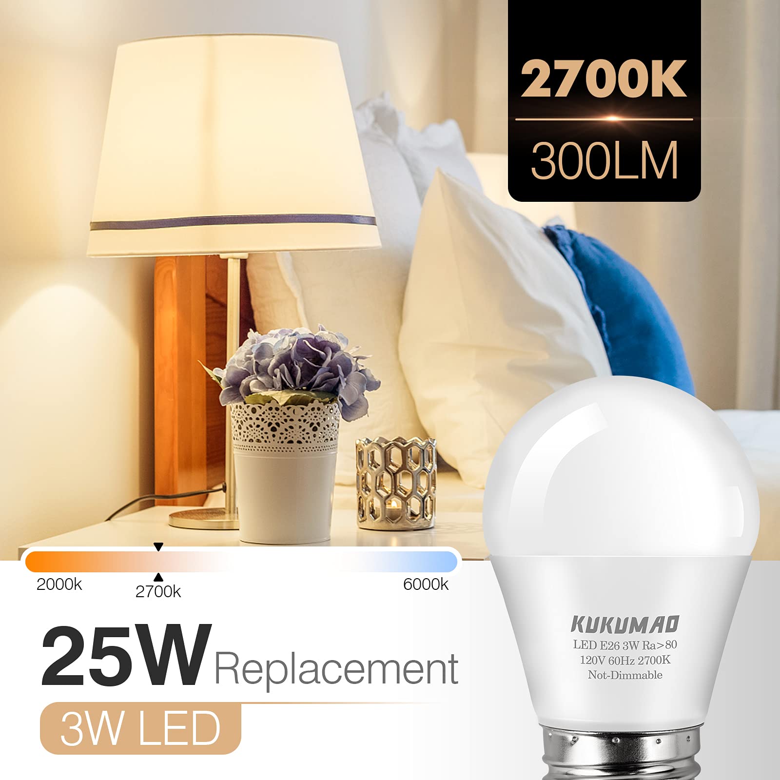 Kukumao Led Bulb 3W 25 Watt Equivalent, Night Stand Bulb Table Lamp Bulb A15 Light Bulbs Warm White 2700K Led Energy Saving E26