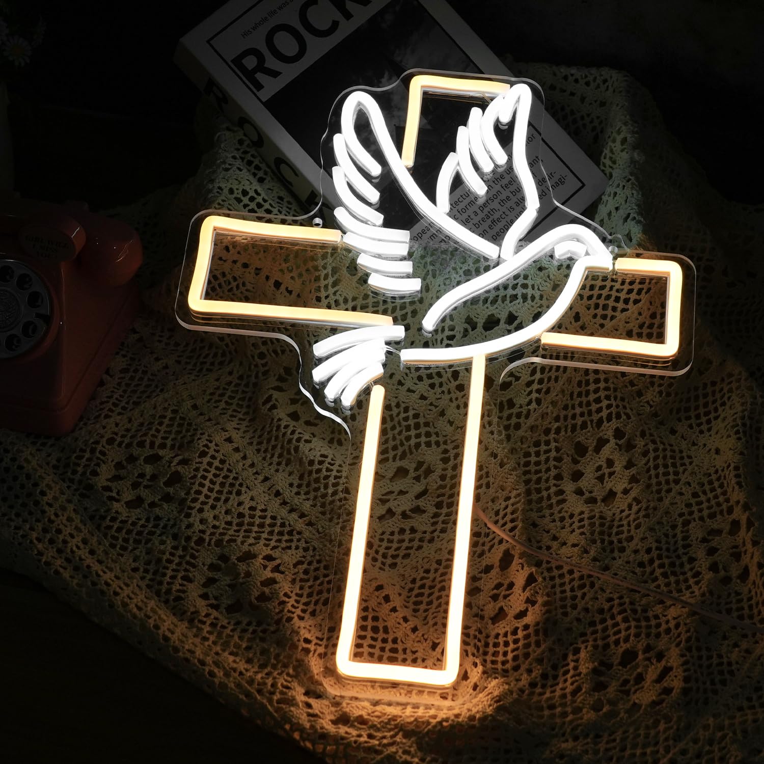 GNVETZLL Cross Neon Sign Dimmable LED Light for Wall Decor, White Dove of Peace, USB Powered, Warm White, Wedding, Party Decor