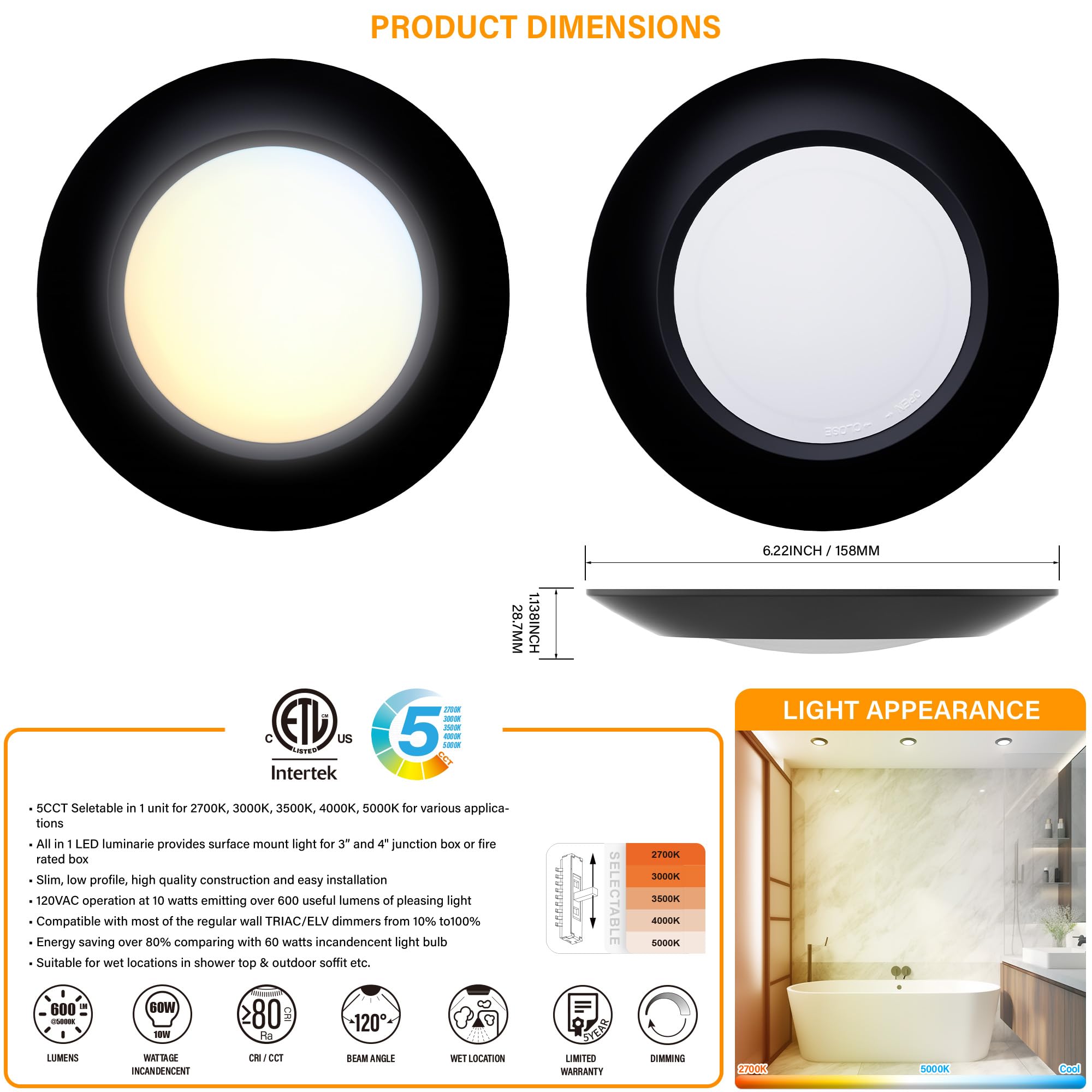 Jullison 20 Packs 4 Inch Black Led Low Profile Recessed & Surface Mount Disk Light, Round, 10W, 600 Lumens, 5Cct Field Selectabl