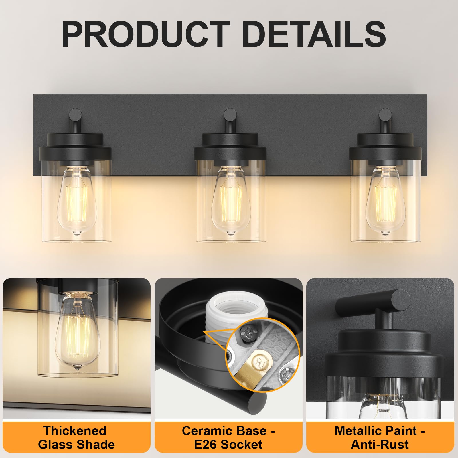 IZORRO 3-Light Bathroom Vanity Light Fixture, Matte Black with Clear Glass Shade, Model HL101, Modern Farmhouse Design