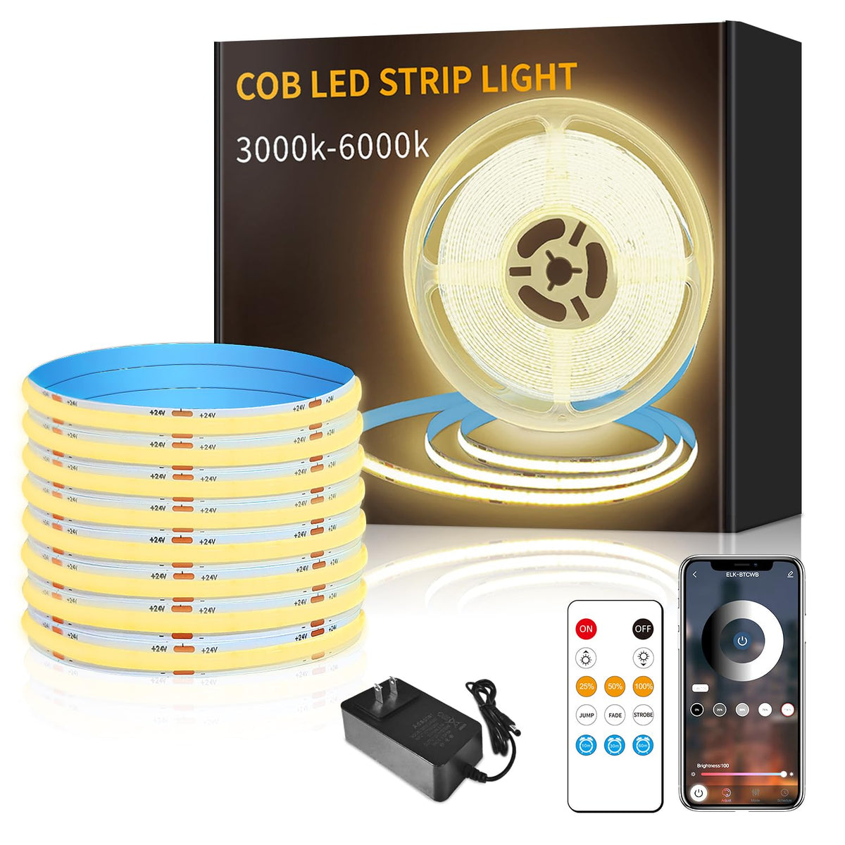 Yeewhale DC 24V Dimmable 15ft COB LED Strip Lights 3000K Warm White Flexible LED Tape Light for Bedroom, with Remote and app Con
