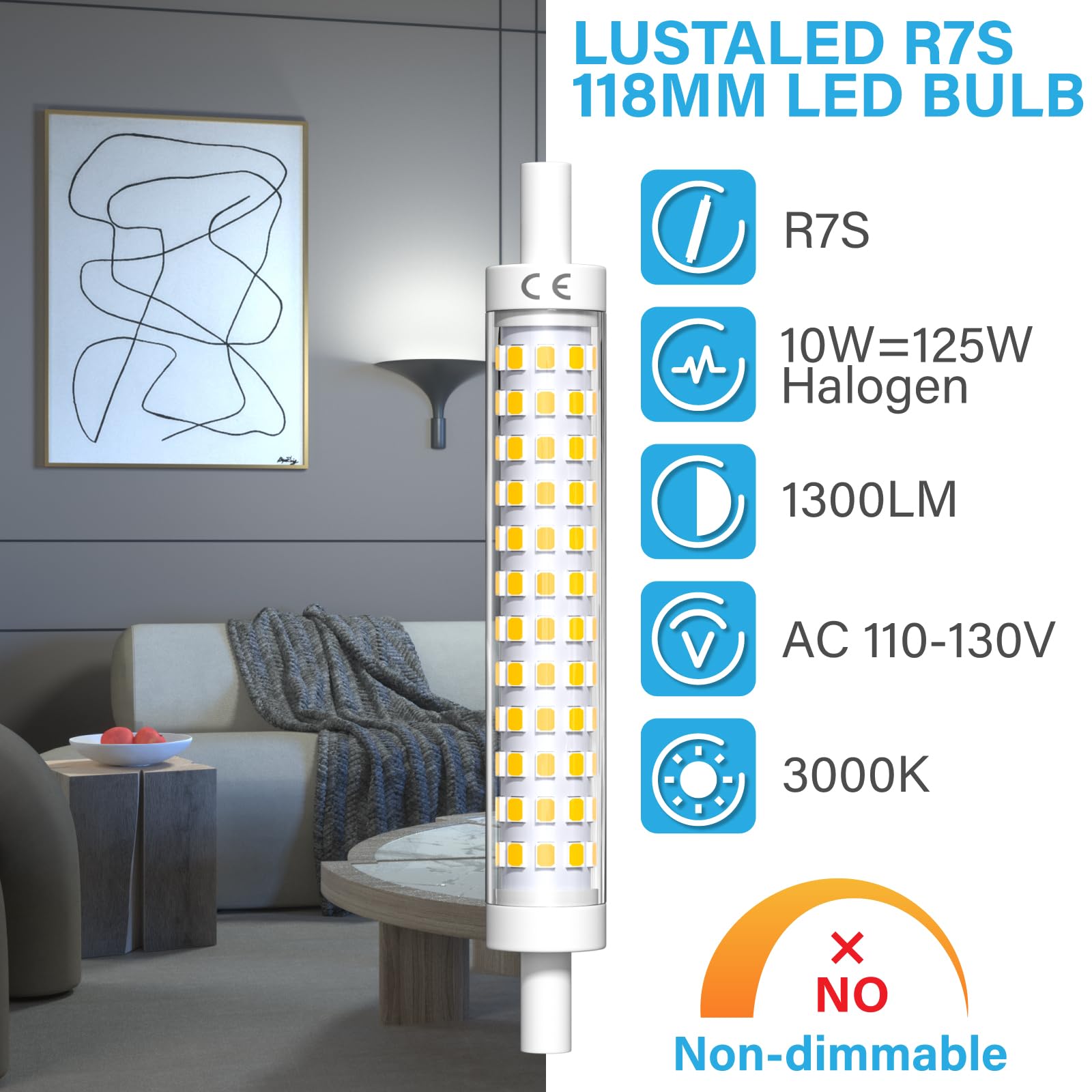 Lustaled R7s LED Bulb 10W 1300LM 118mm Daylight White 6000K Model NFL1053-CWX2 (2 Pack, Non-Dimmable