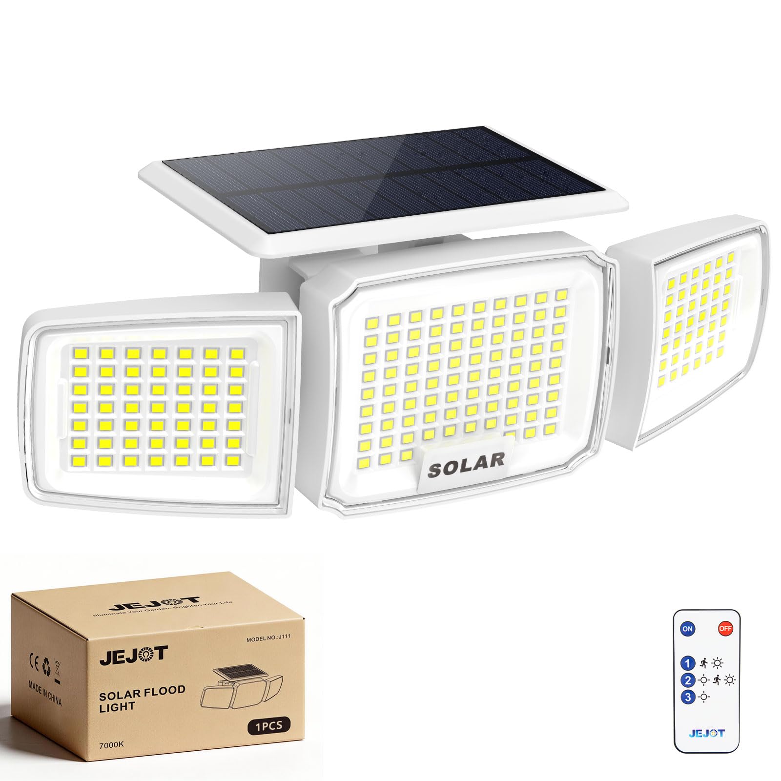 JEJOT White Solar Security Light Outdoor Super Bright LED  Motion Sensor Flood Light  3 Heads 270 Wide Angle  Remote Control  IP65 Waterproof  3 Modes (1 Packs)