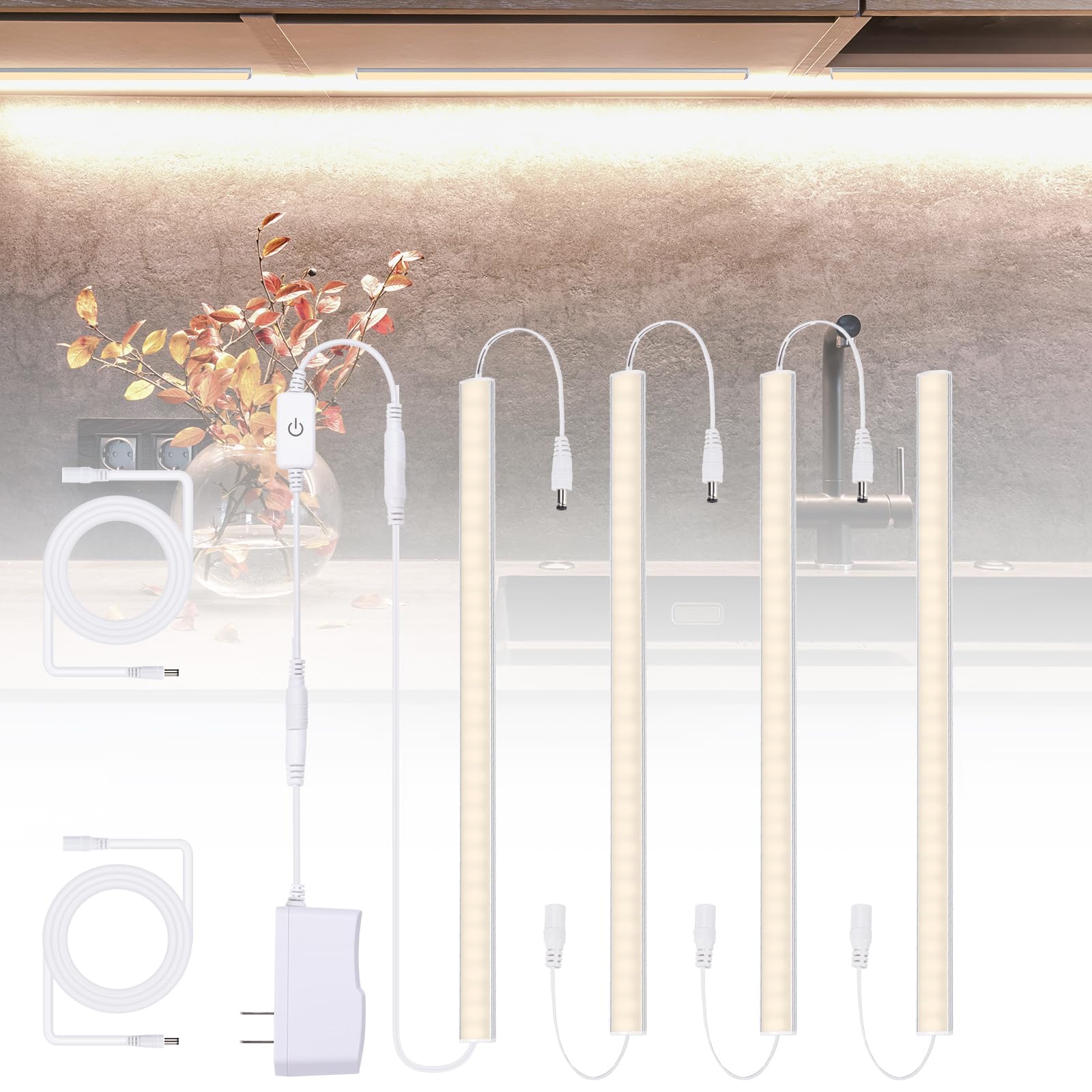 JUSJUBR Under Cabinet LED Lights, Dimmable Under Cabinet Lighting, 4 Pack LED Lights for Kitchen Under Cabinet, Under Counter Li