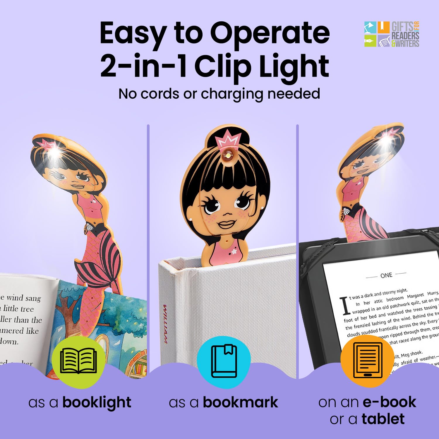 Gifts for Readers & Writers Bookmark Reading Light Mermaid Pink - 2in1 Clip On Bookmark Kids Light for Reading in Bed, Travel Cu