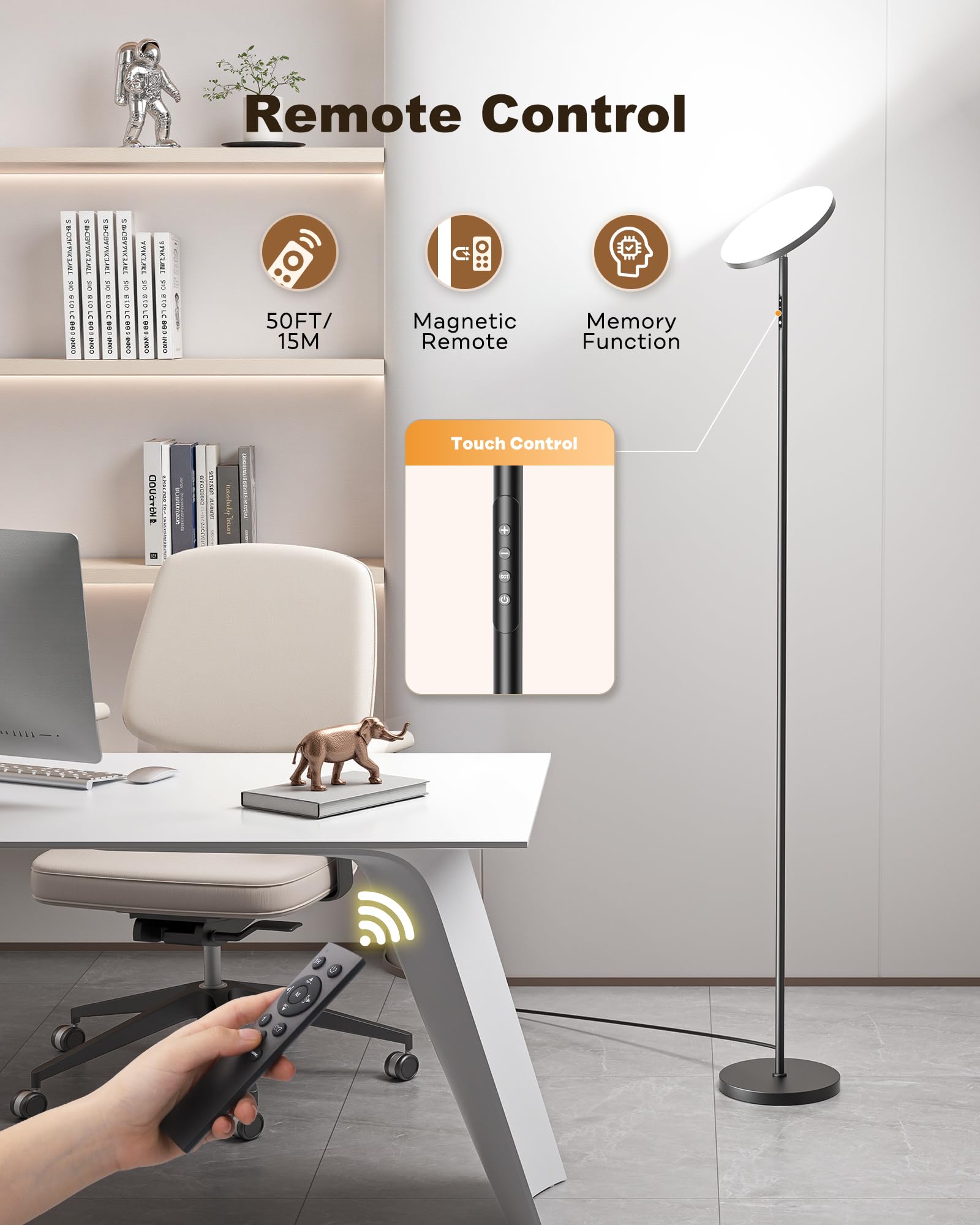 FULSUNT LED Floor Lamp, 30W/3200LM, Dimmable, 69in Tall, Metal, Black, Remote & Touch Control