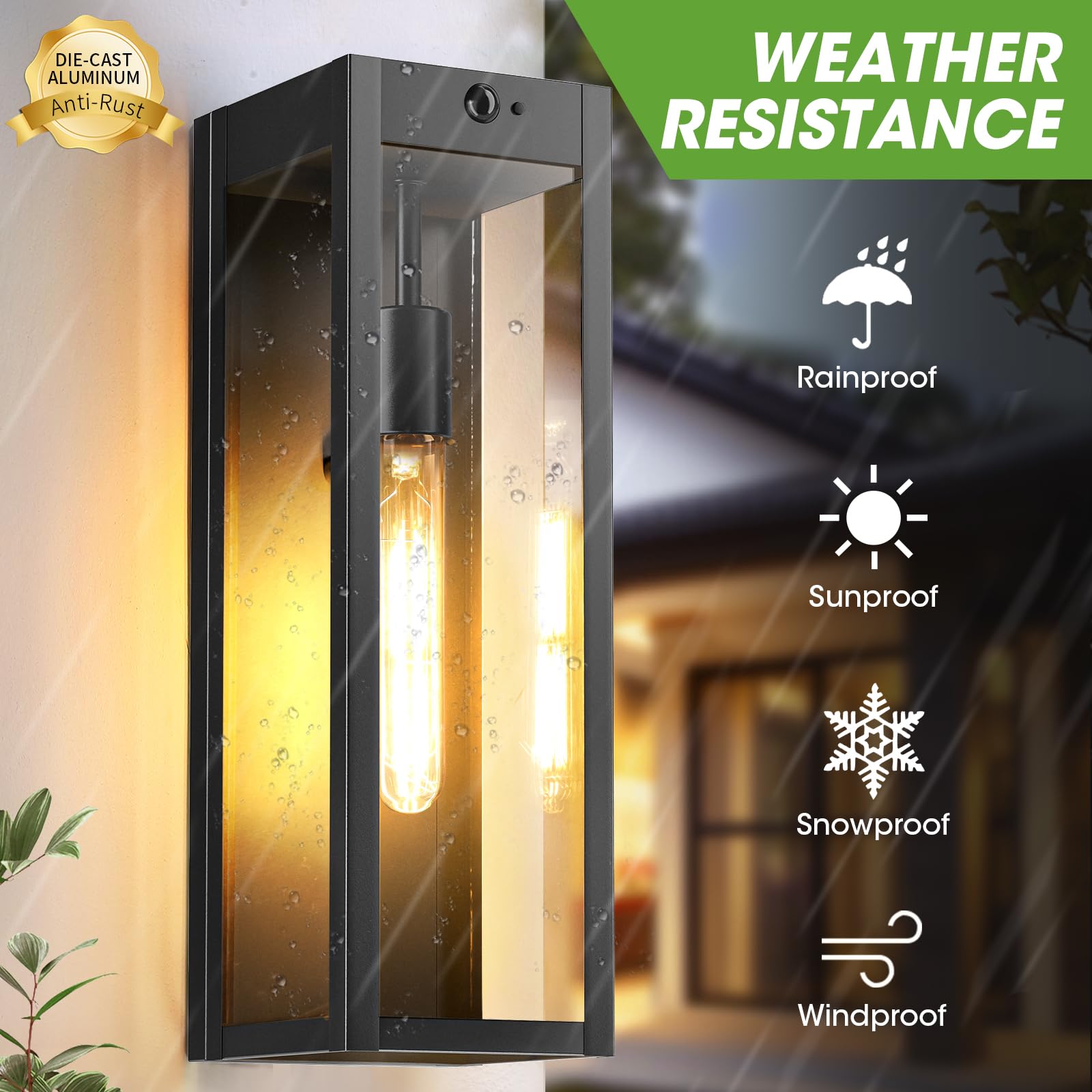 CRIRY Motion Sensor Wall Sconce Lights 2-Pack, 15.3" Waterproof Black Outdoor Fixtures, Model CR-WL604B-BK