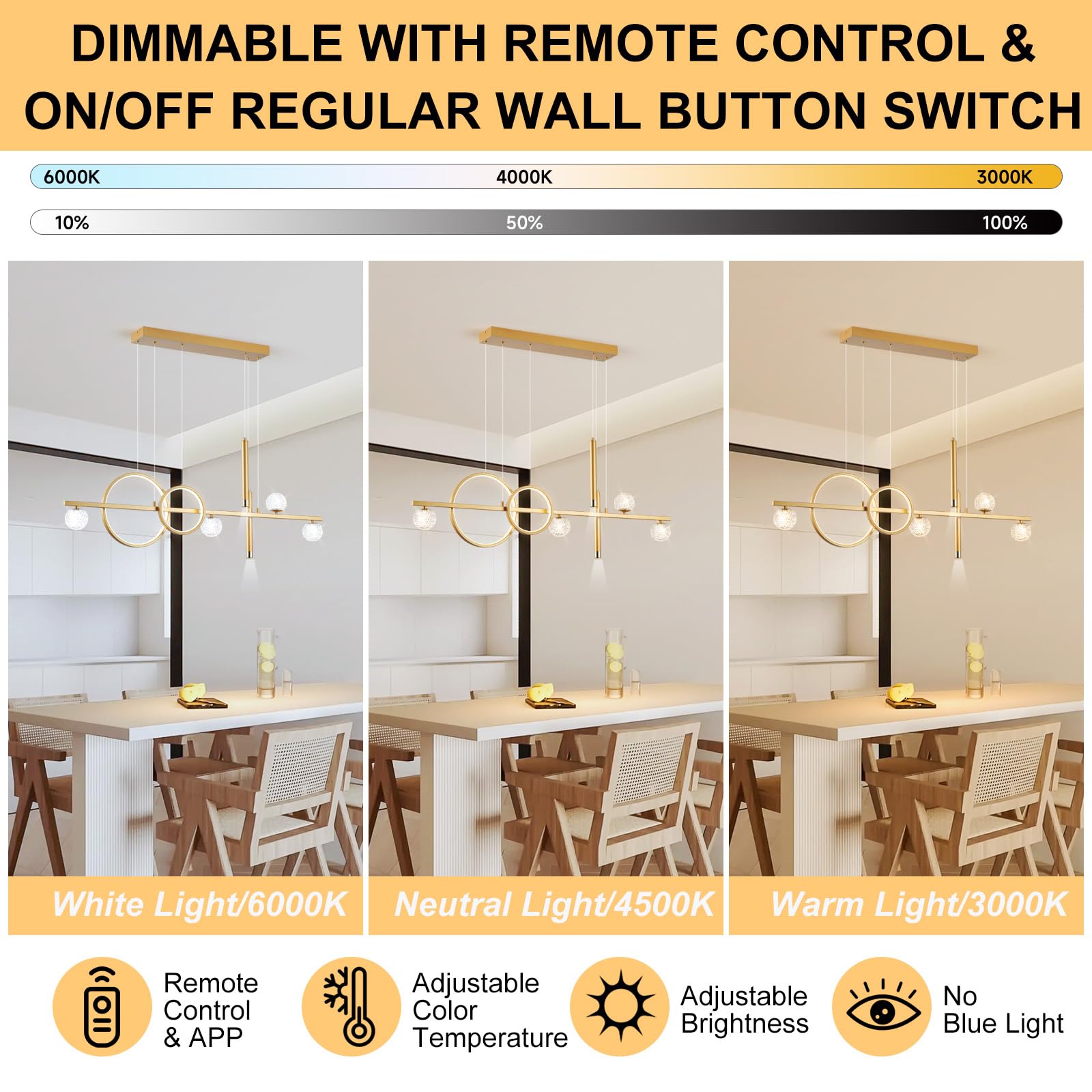 ORANOOR LED Gold Chandelier, 47in Dimmable Modern Pendant Light for Dining Room, Model 8856-Gold