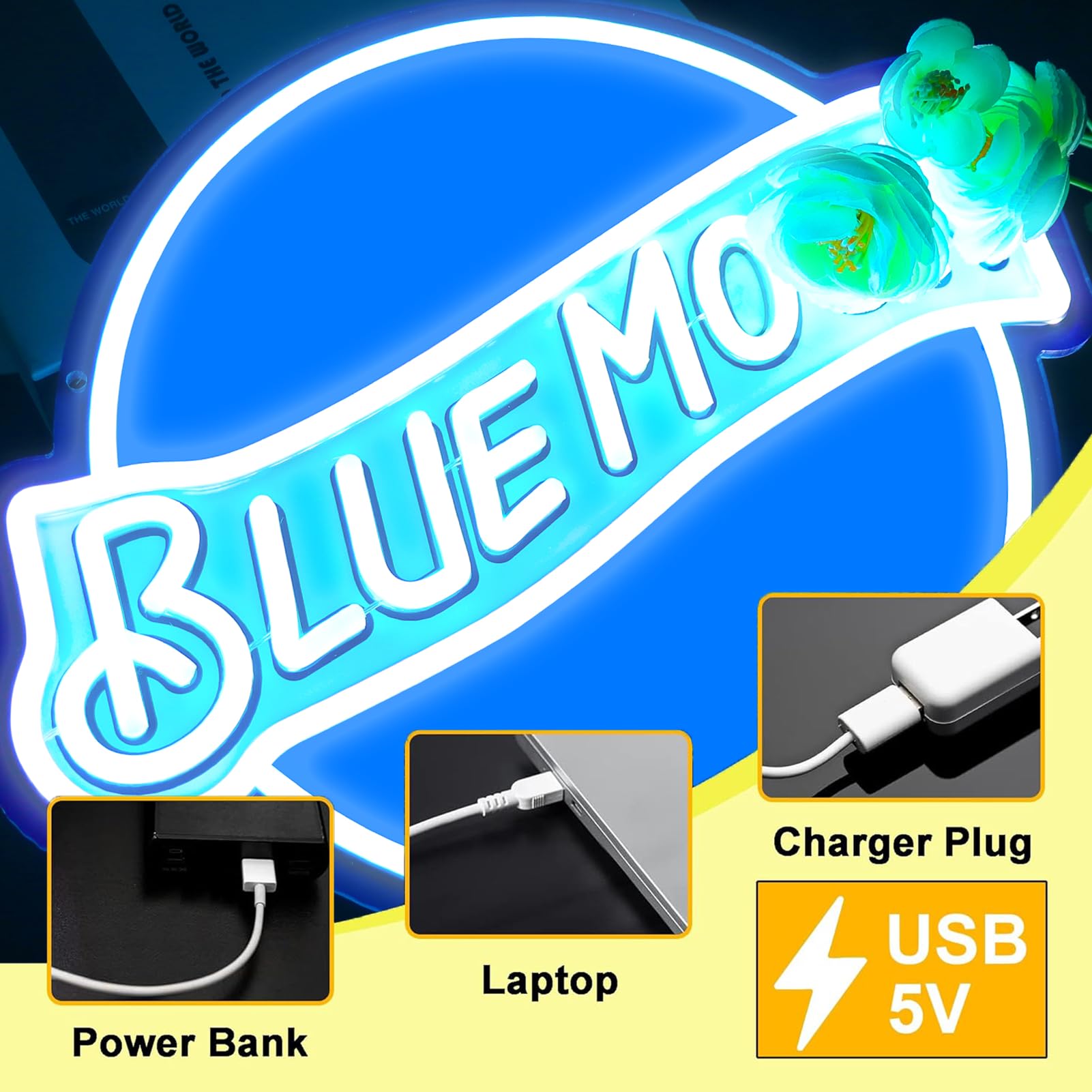 Jfllamp Blue Moon Neon Signs For Wall Decor Neon Lights For Bedroom Led Signs Suitable For Man Cave Bar Pub Restaurant Christmas Birthday Party Gift 5V Usb Power  14 * 12.2 Inch(Azure+White)