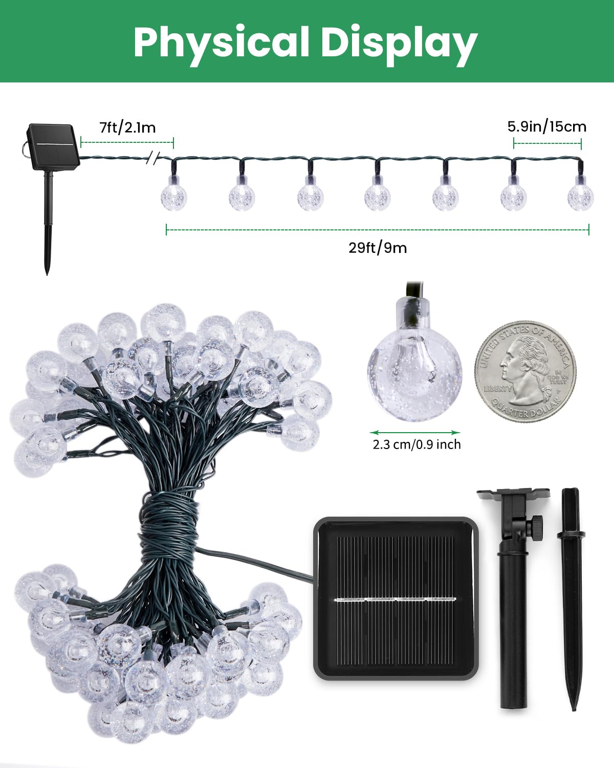 Brightown Solar String Lights, 60 LED, 35.6ft, Waterproof Crystal Globe, 8 Lighting Modes, Green, Model DY-SB-1-60