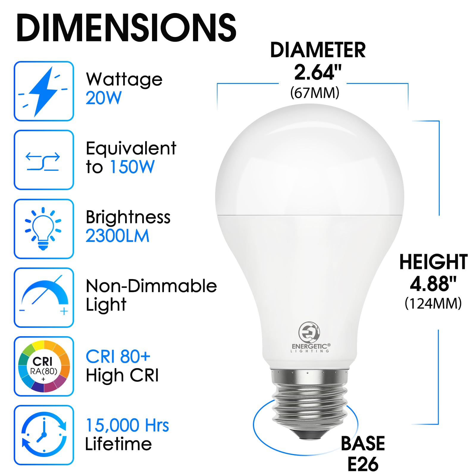 E Energetic Lighting 2 Pack 150 Watt Led Light Bulb, Super Bright A21 Cool White 4000K, Non-Dimmable, 2300Lm Led Bulb, High Lume