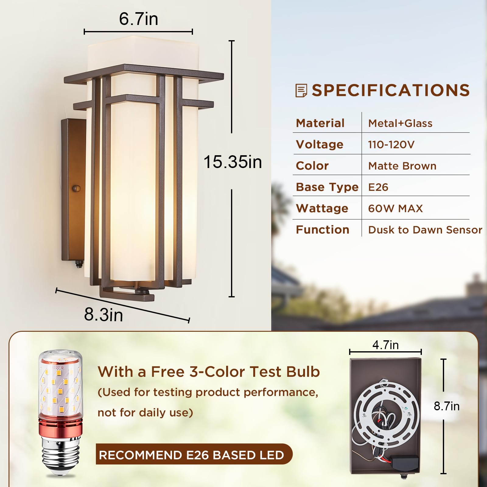 15.35''H Matte Brown Outdoor Wall Light Large Outdoor Wall Lantern Oil Rubbed Bronze Exterior Light Fixture Waterproof Metal Wit