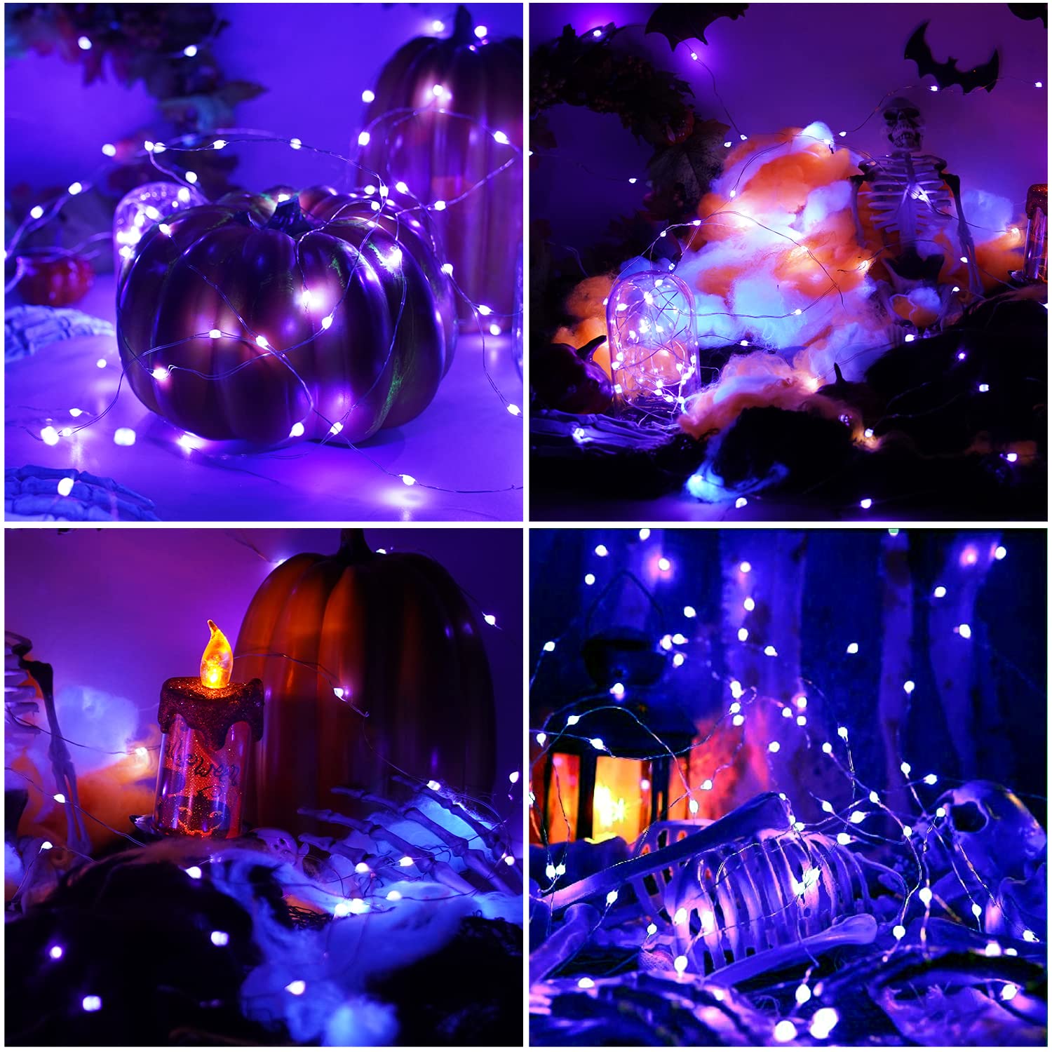 OMIKA Battery Operated LED UV Black Lights, 20 LED, 6.56ft, 4 Pack, Copper, Purple Fairy String Lights
