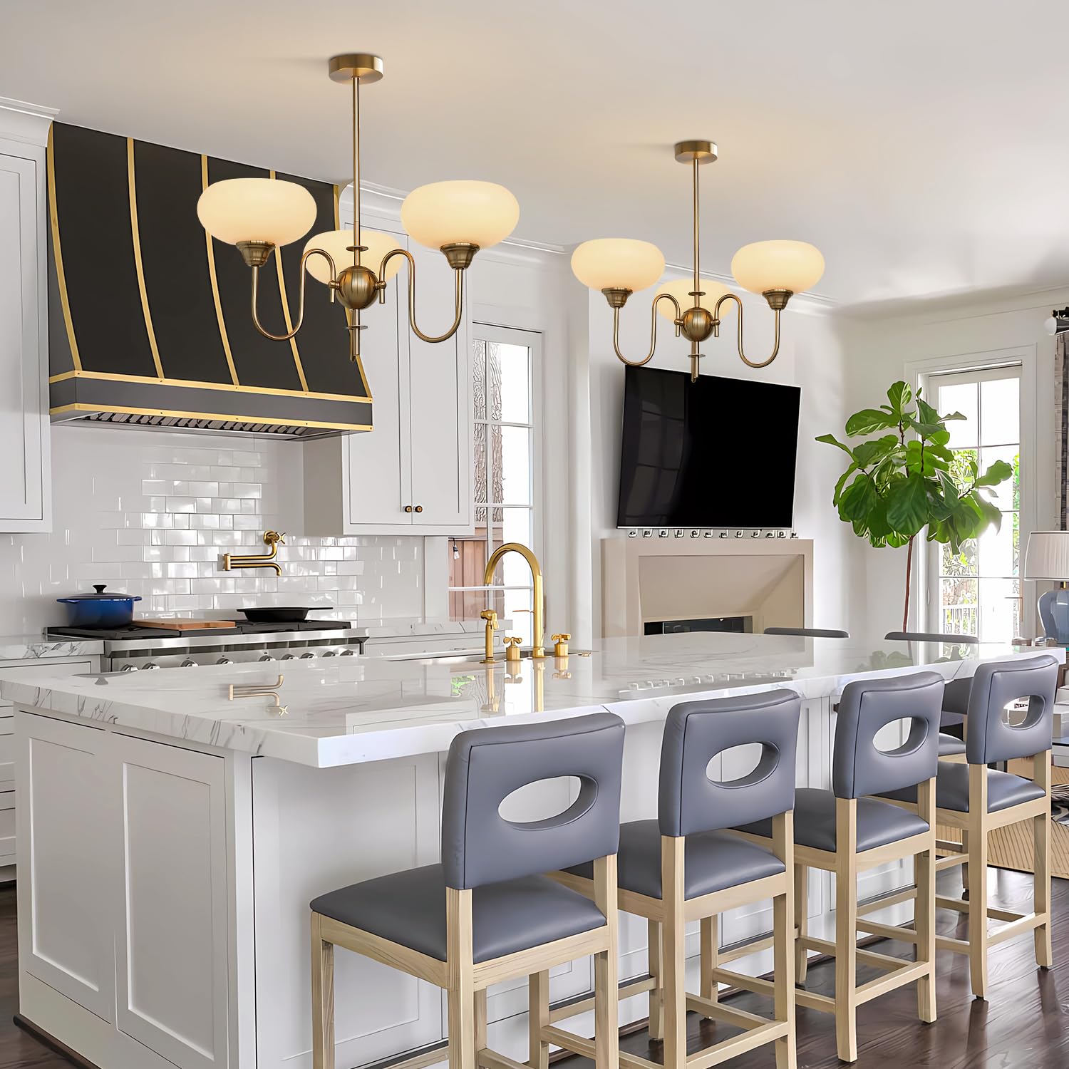 Flyrose 3-Lights Mid Century Modern Gold Chandelier Pendant Light Fixture White Milk Glass Pendant Light Brass Sputnik Chandelie