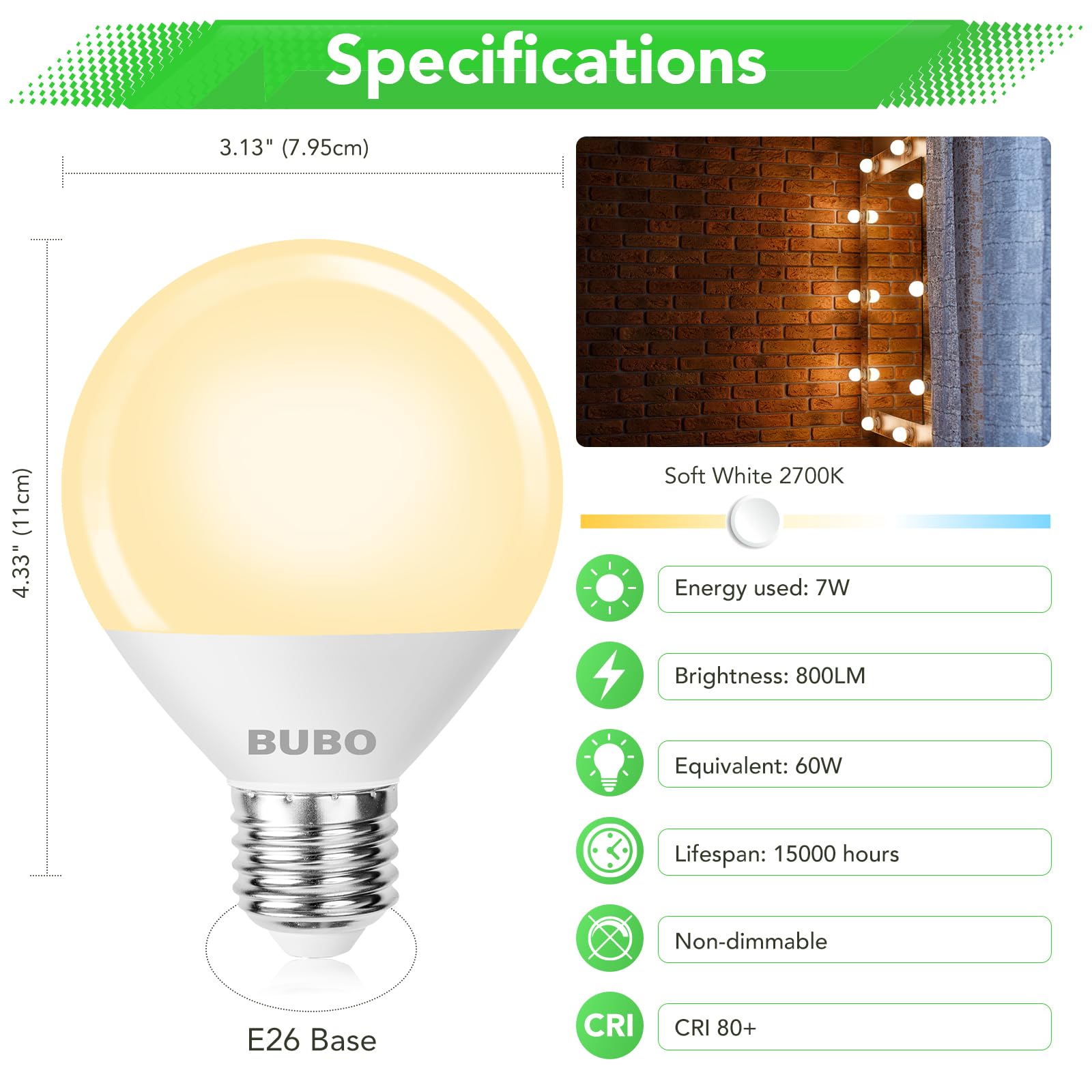 Bubo Vanity Light Bulbs For Bathroom Over Mirror, 60 Watt Equivalent, Soft White 2700K, 7W G25 Globe Light Bulb 800 Lumens, Roun