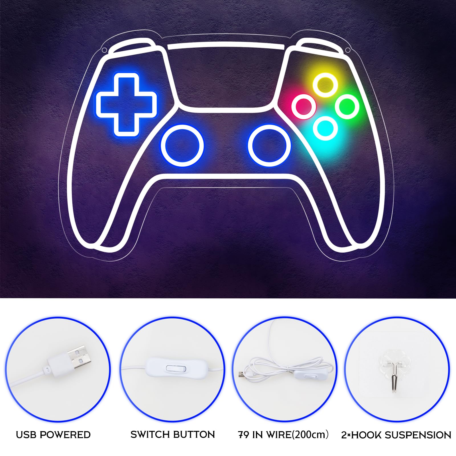 Ethereal Lomoer Gamer Neon Sign, Gamepad Shaped LED, USB Powered, 16.3 x 11.4 x 0.8 Inches, White