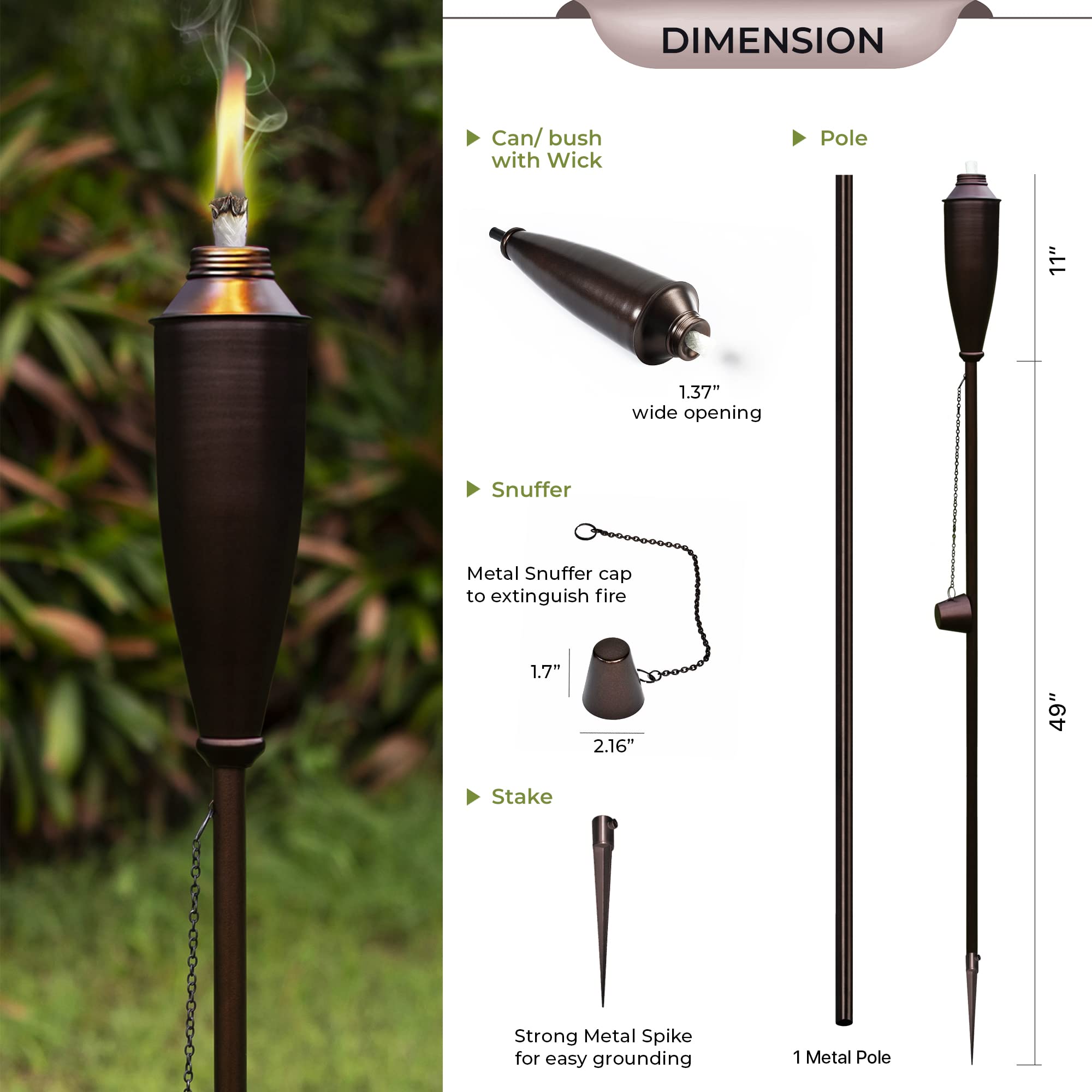 Deco Window Garden Torches - Pack of 4 Metal Citronella Torches, 60" Brown Iron for Outdoor Ambiance, Patio & Backyard Decor