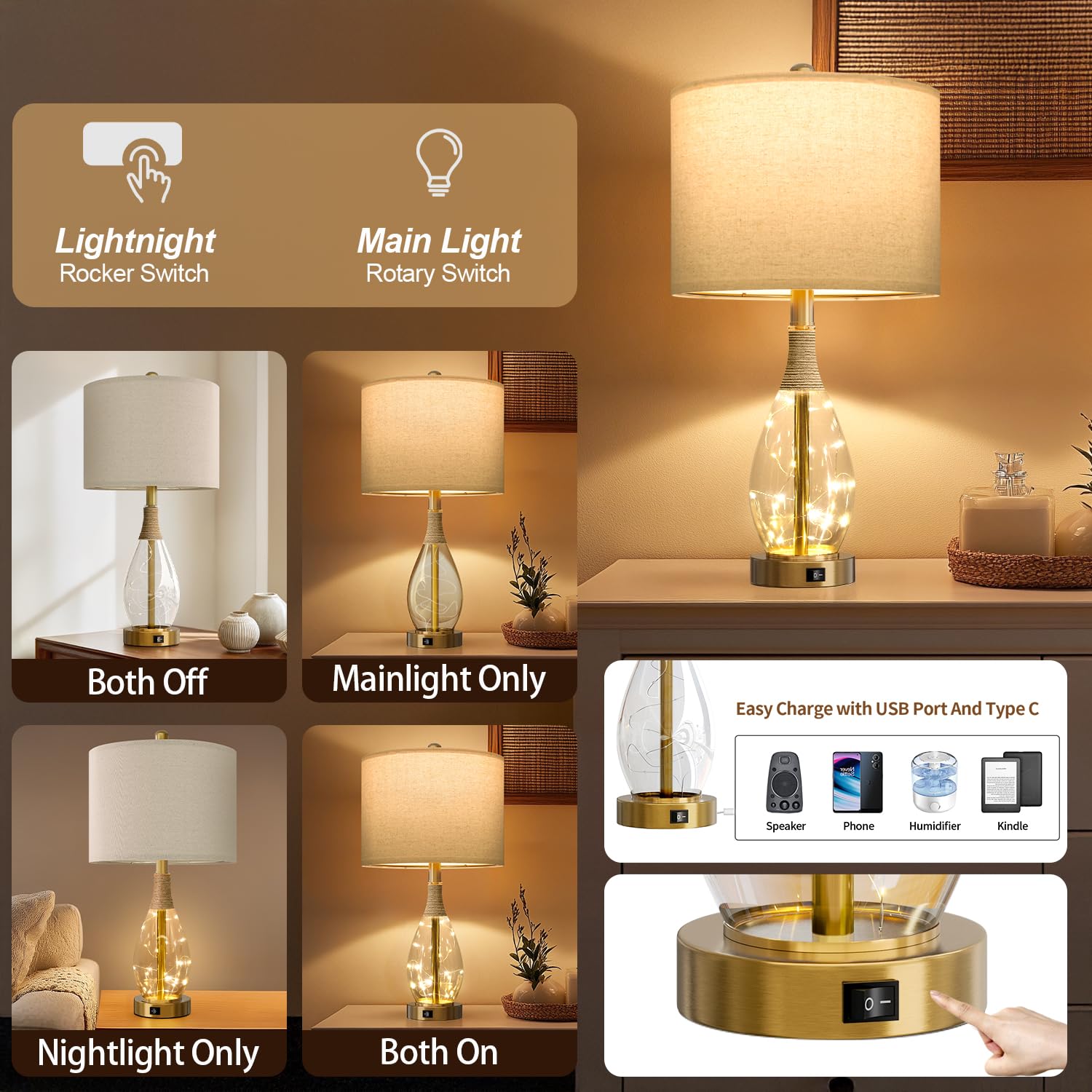 OYEARS 23" Glass Table Lamps Set of 2, Gold Rattan Boho Design with US ...