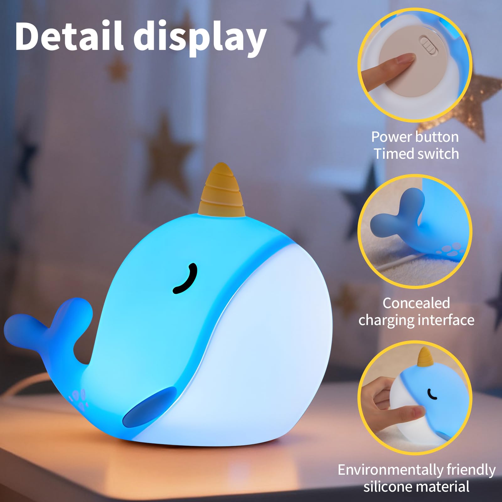 Hpydiy Cute Narwhal Night Light  Tap Control & Color Changing  Usb Kids Bed Lamp With Timer  Soft Silicore Glow For Nursery  Birthday Gift (Blue Narwhal 7-Color)