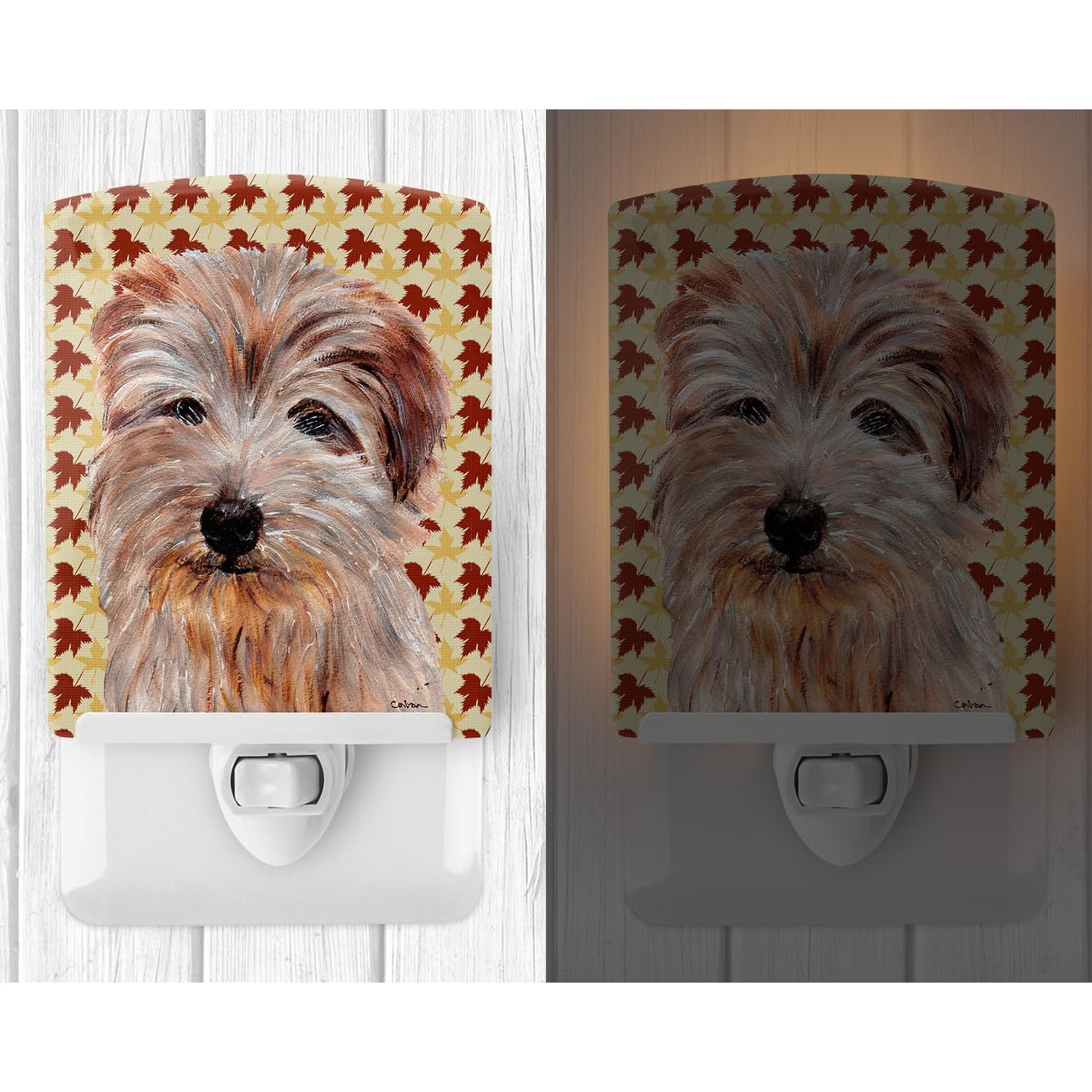 Caroline'S Treasures Sc9688Cnl Norfolk Terrier Fall Leaves Ceramic Night Light Compact, Ul-Certified, Ideal For Bedroom, Bathroom, Nursery, Hallway, Kitchen, 6X4X3, Multicolor