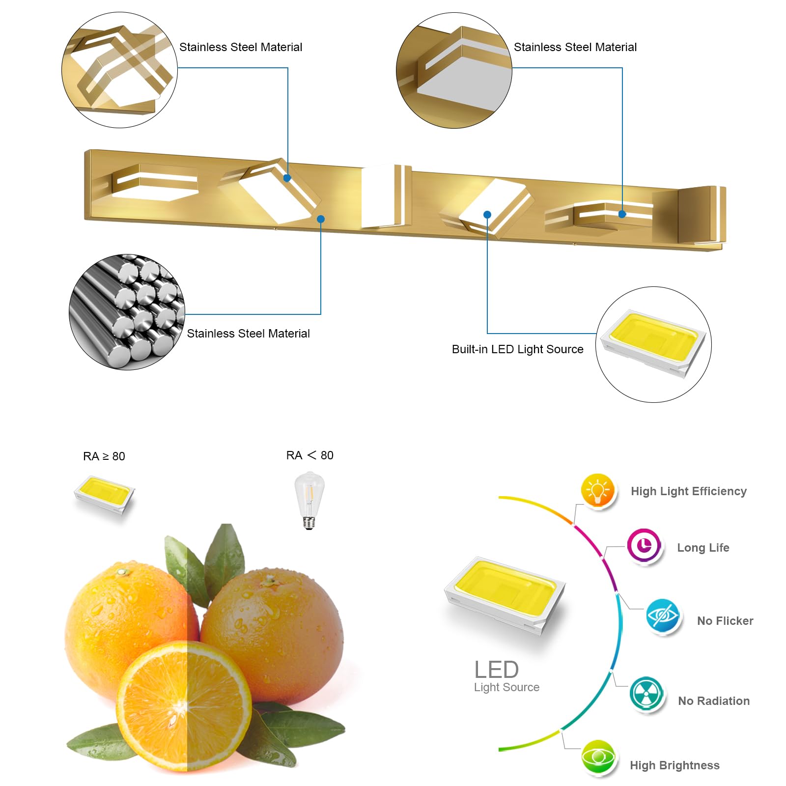 SineRise 6-Light LED Bathroom Vanity Light Fixture, 48-Inch, Brass, Dimmable, Acrylic, Cool White 6000K